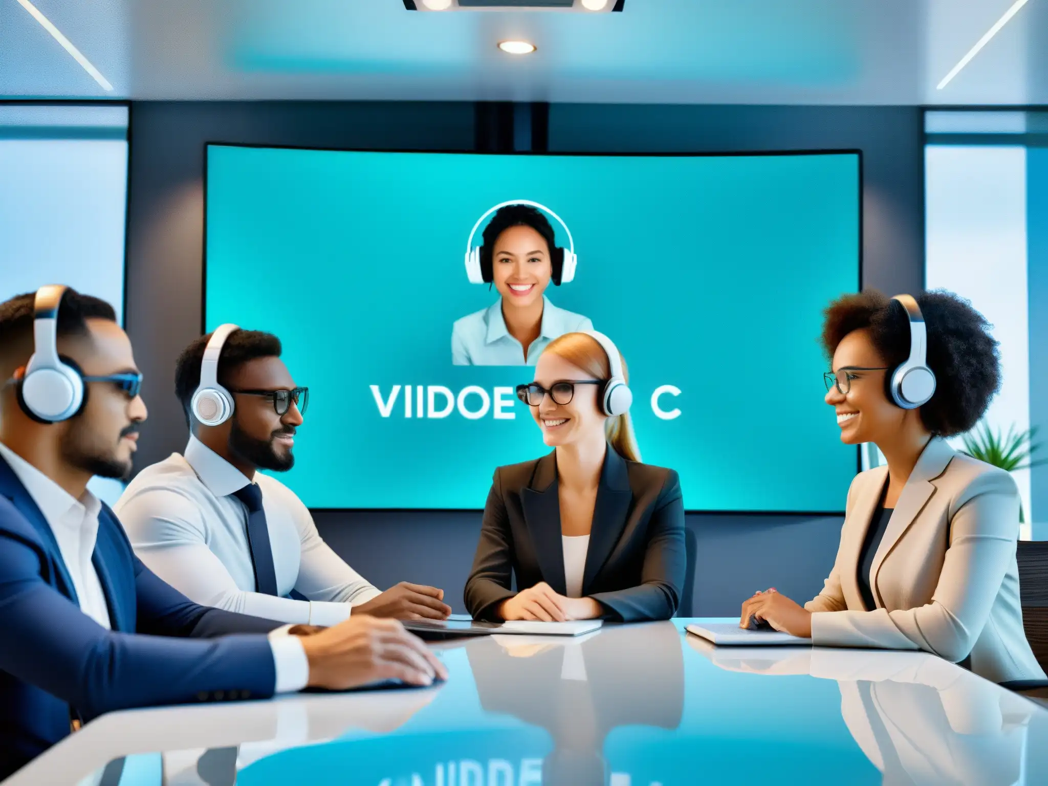 Videoconferencia profesional con AR: integración perfecta Una videoconferencia profesional con realidad aumentada en un ambiente futurista y dinámico, mostrando innovación y profesionalismo