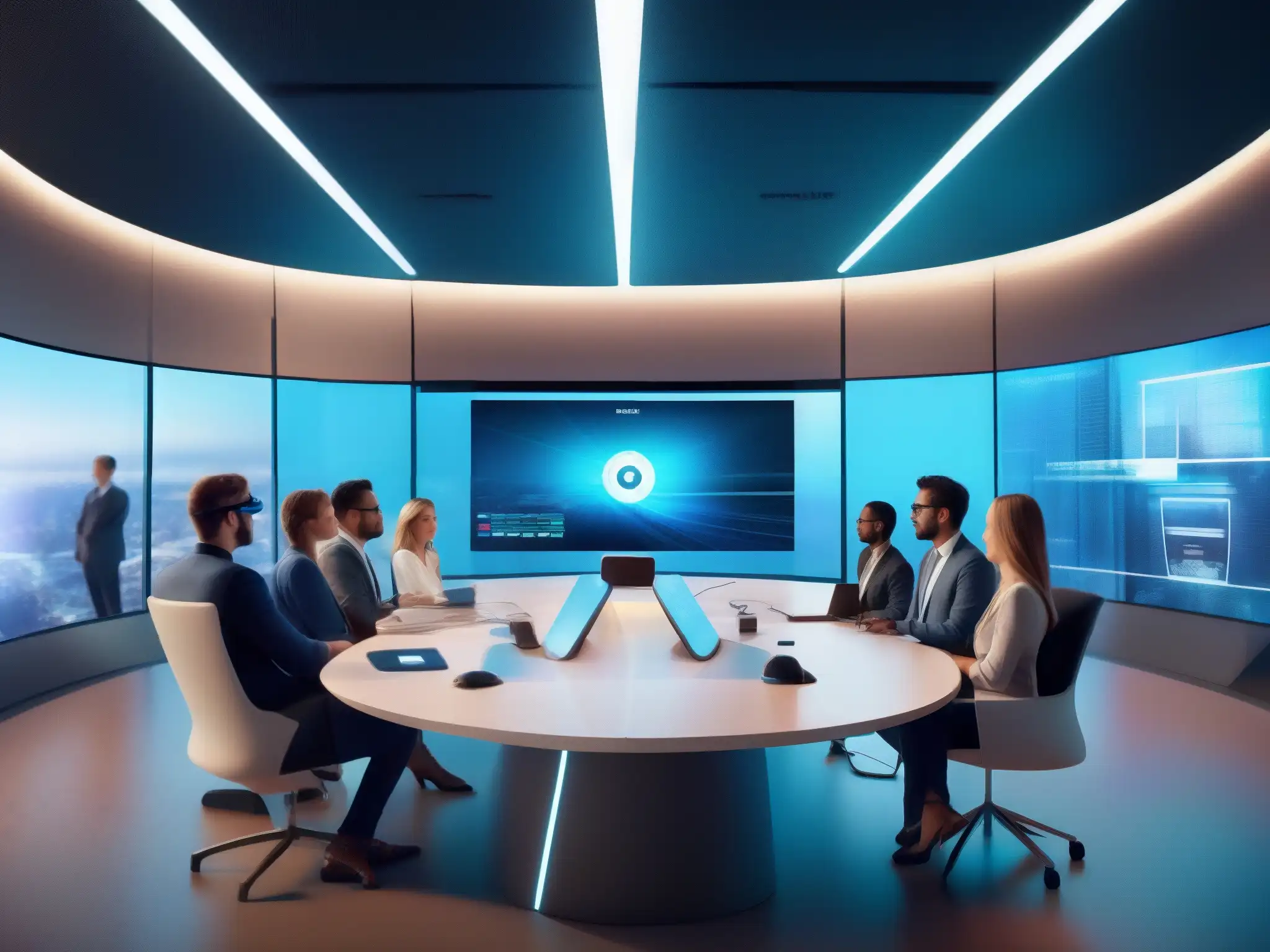 Videoconferencia profesional con realidad aumentada Una videoconferencia profesional con realidad aumentada en un entorno futurista, ilustrando la innovación en videoconferencias