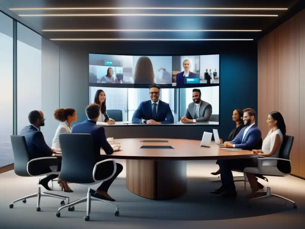 Reunión virtual dinámica en sala de juntas moderna Innovación en videoconferencia para profesionales: Reunión virtual dinámica en sala moderna con tecnología de vanguardia