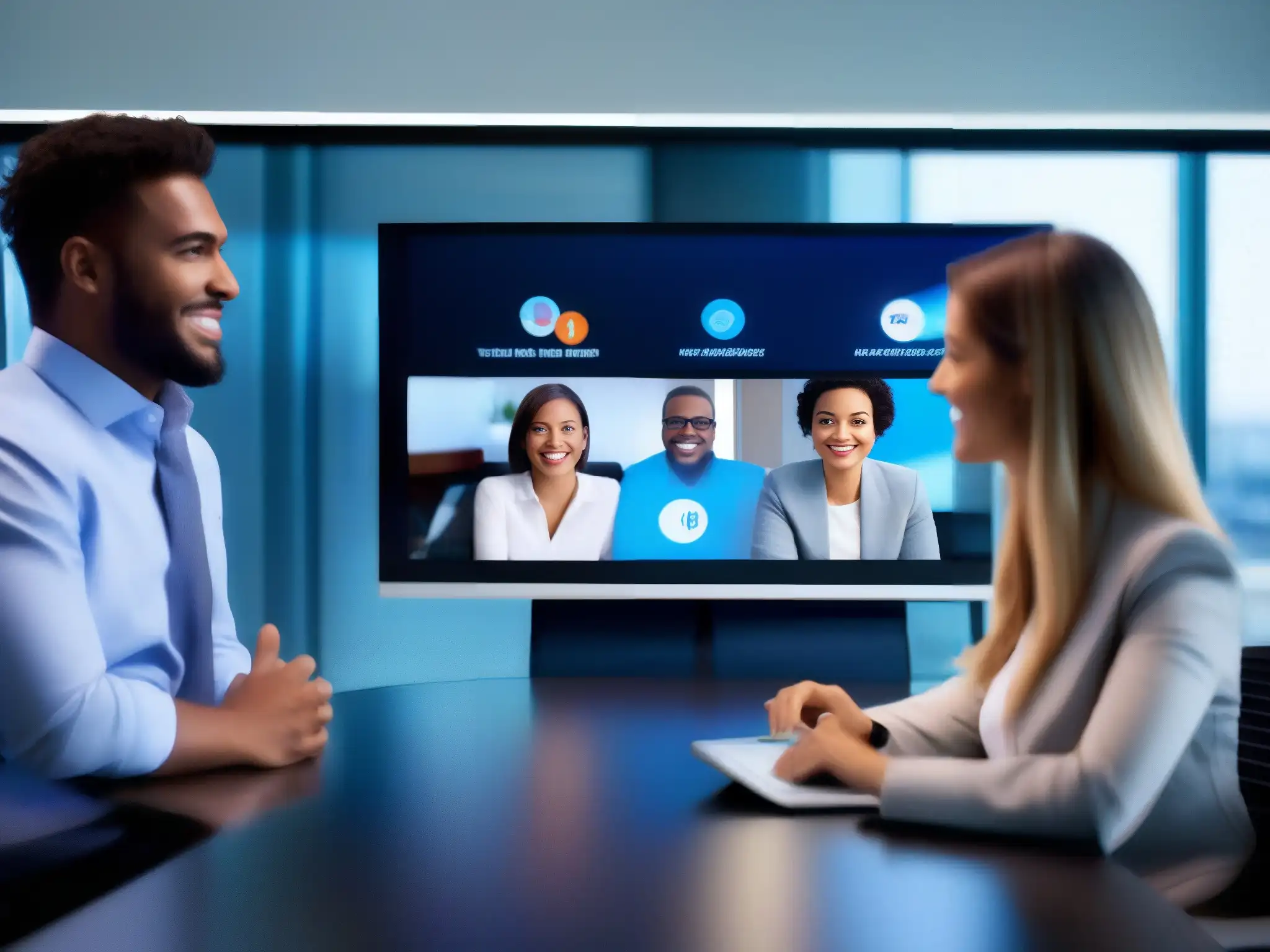 Conferencia virtual de alta definición: conexión humana en detalle Una videoconferencia de alta definición en una sala moderna