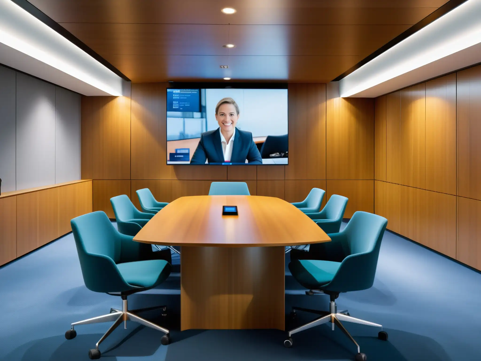 Sala de videoconferencias moderna en Banco Santander - Tecnología TrueConf Videoconferencia en el sector financiero: Sala moderna de Banco Santander con tecnología TrueConf, profesional en videoconferencia con clientes