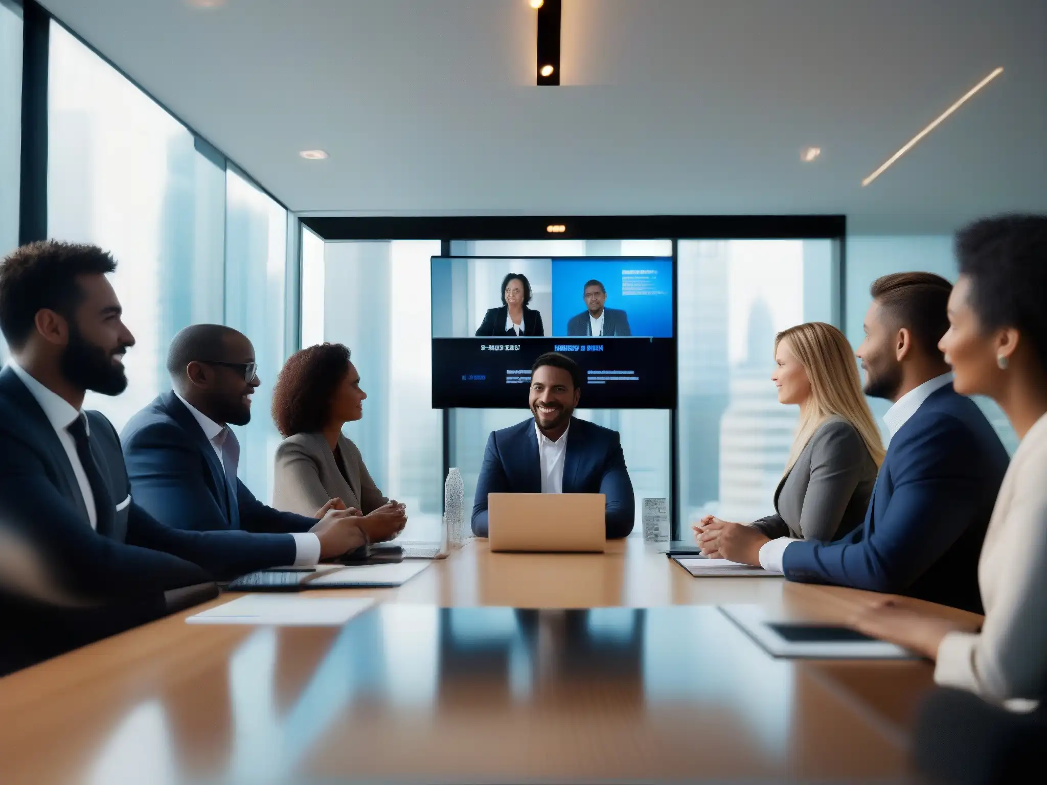 Reunión financiera por videoconferencia Una videoconferencia en el sector financiero, con profesionales comprometidos en una elegante sala de juntas con abundante luz natural