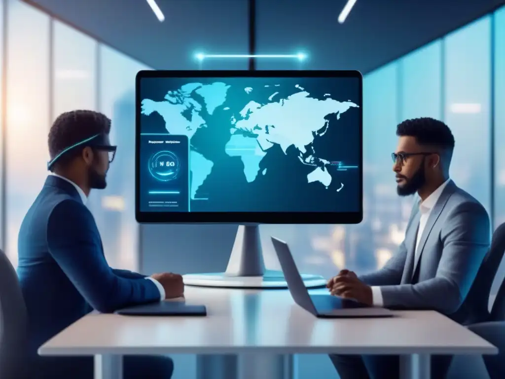 Videoconferencia futurista con seguridad blockchain de vanguardia Una videoconferencia segura con Blockchain: profesionales en sesión virtual con tecnología innovadora y visualizaciones dinámicas