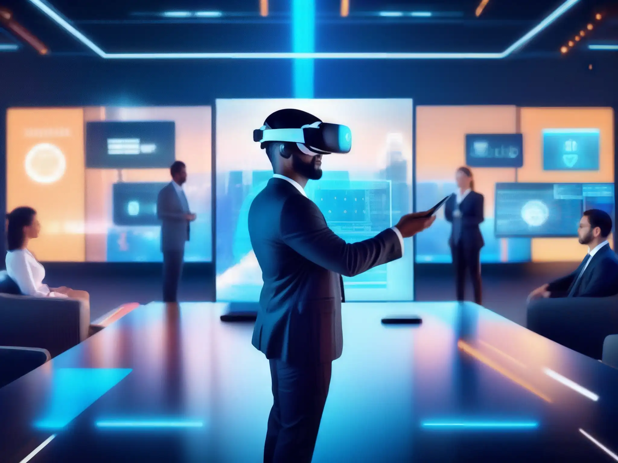 Videoconferencia segura en realidad virtual con blockchain Videoconferencia segura en entorno de realidad virtual con tecnología blockchain integrada, transmitiendo profesionalismo y sofisticación