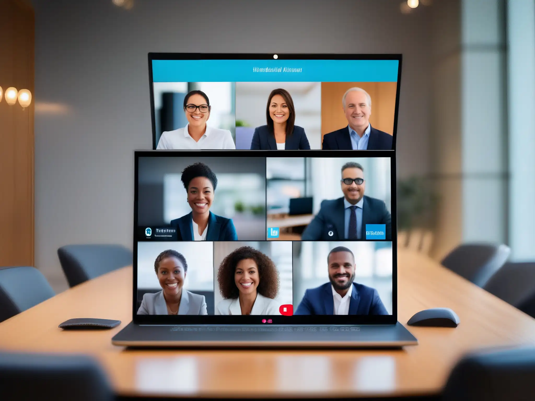 Videoconferencia segura: profesionales comprometidos Videoconferencia segura con participantes profesionales en llamada virtual, transmitiendo confidencialidad y modernidad