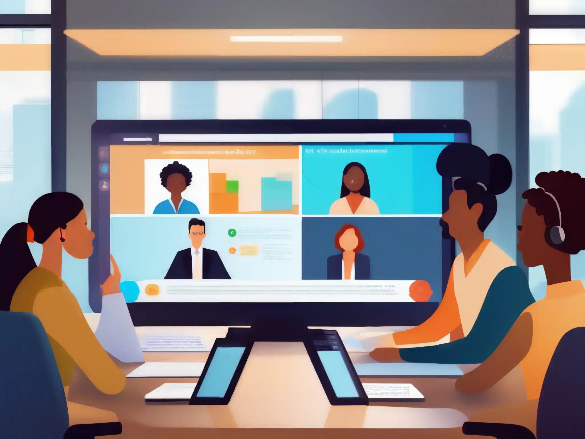 Videoconferencia segura: participantes profesionales en reunión virtual Una videoconferencia segura con participantes profesionales y diversidad, que muestra la interfaz de una plataforma moderna