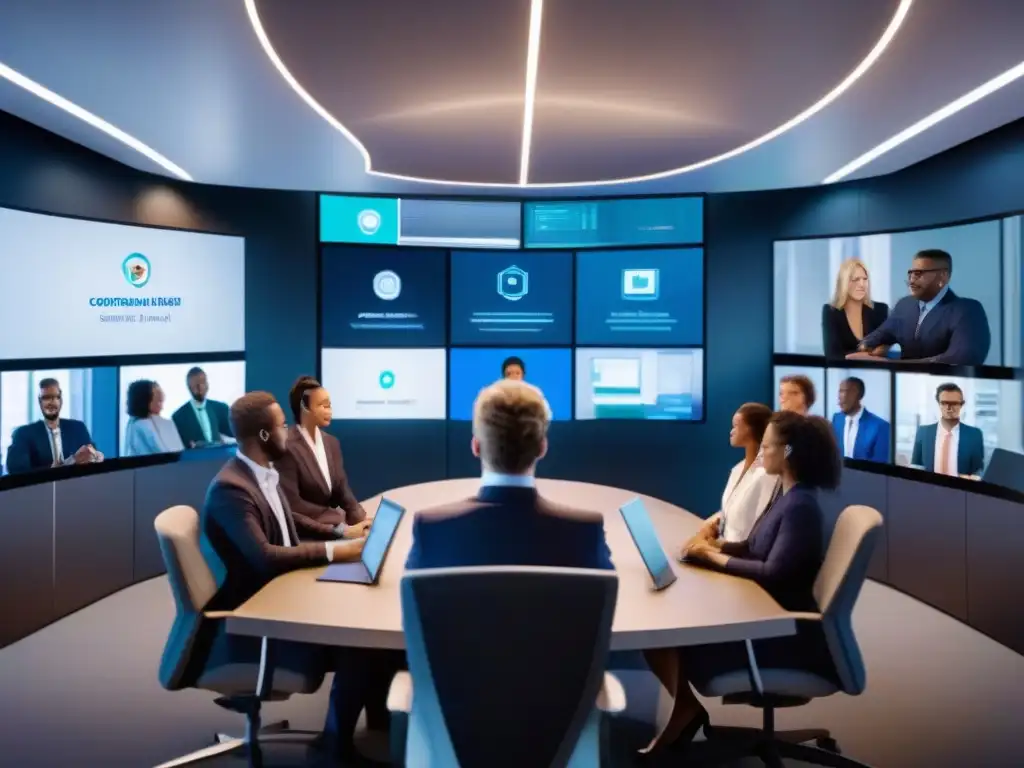 Videoconferencia segura y productiva en ambiente profesional Una videoconferencia segura y productiva en un entorno de oficina moderno, con medidas avanzadas de seguridad