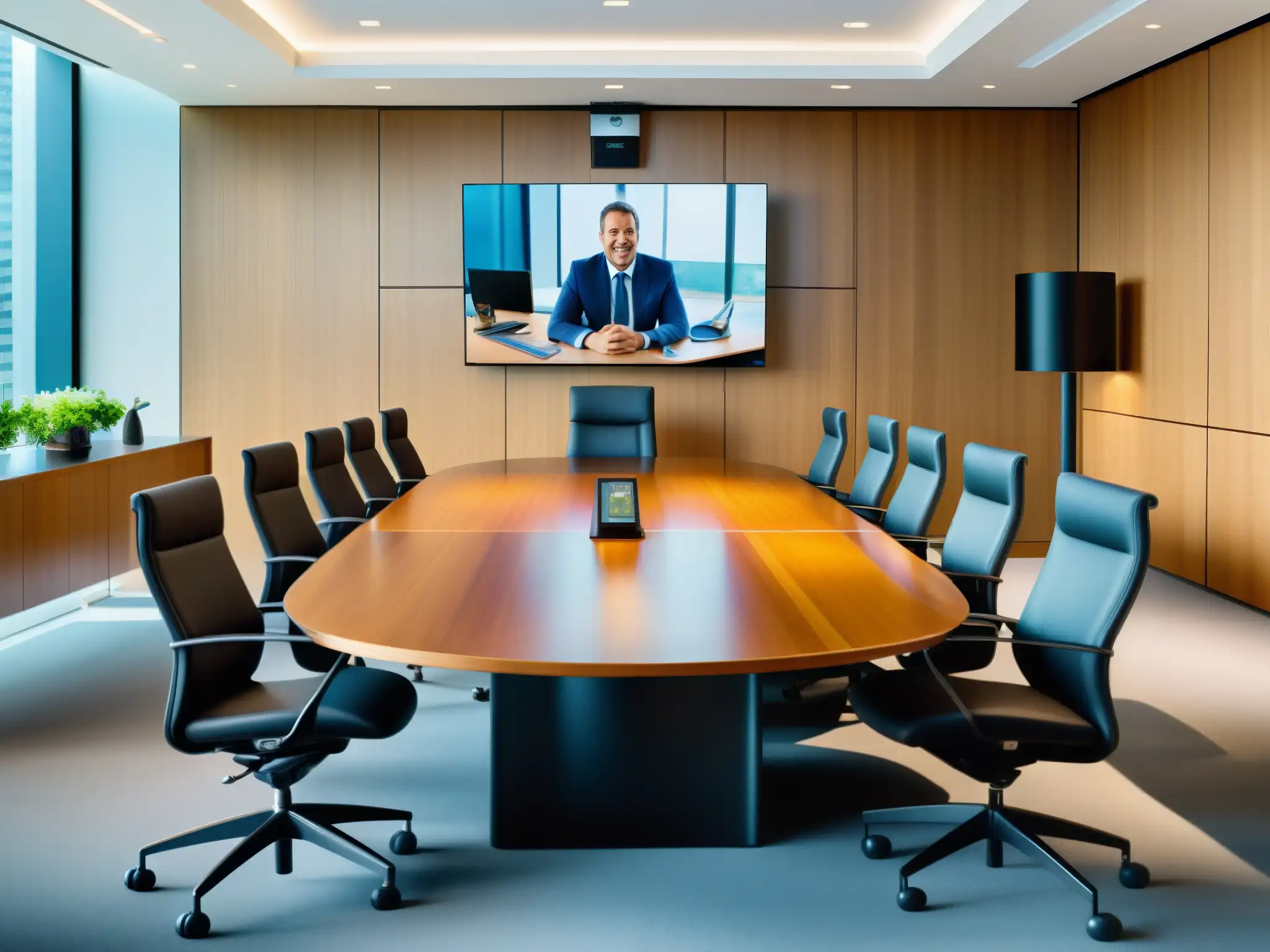 Videoconferencia segura en oficina financiera Una videoconferencia segura y profesional en una oficina financiera moderna