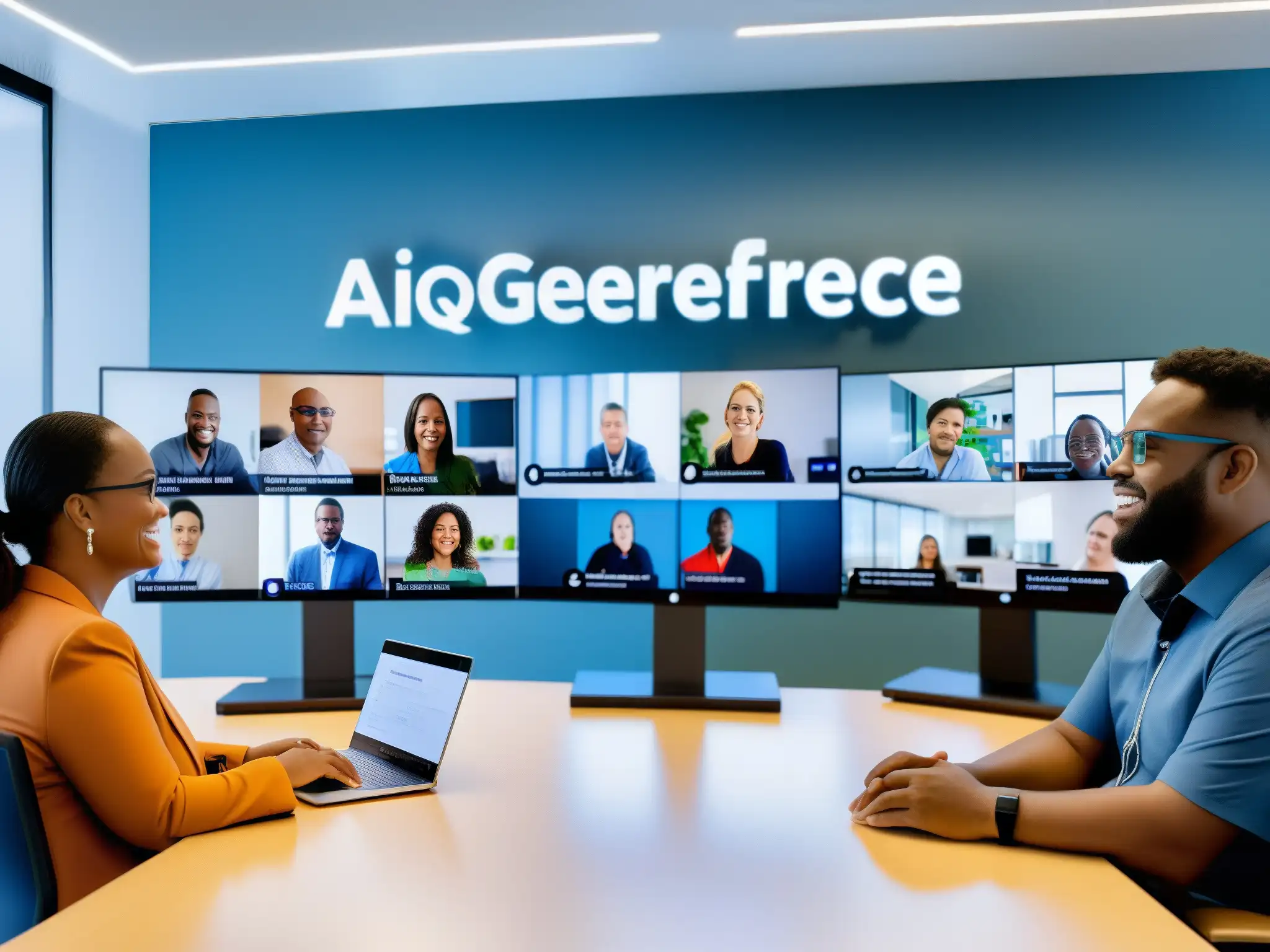Inclusión en videoconferencias: diversidad y accesibilidad con IA Videoconferencias accesibles para discapacitados: Grupo diverso participa con tecnología inclusiva en una videoconferencia profesional