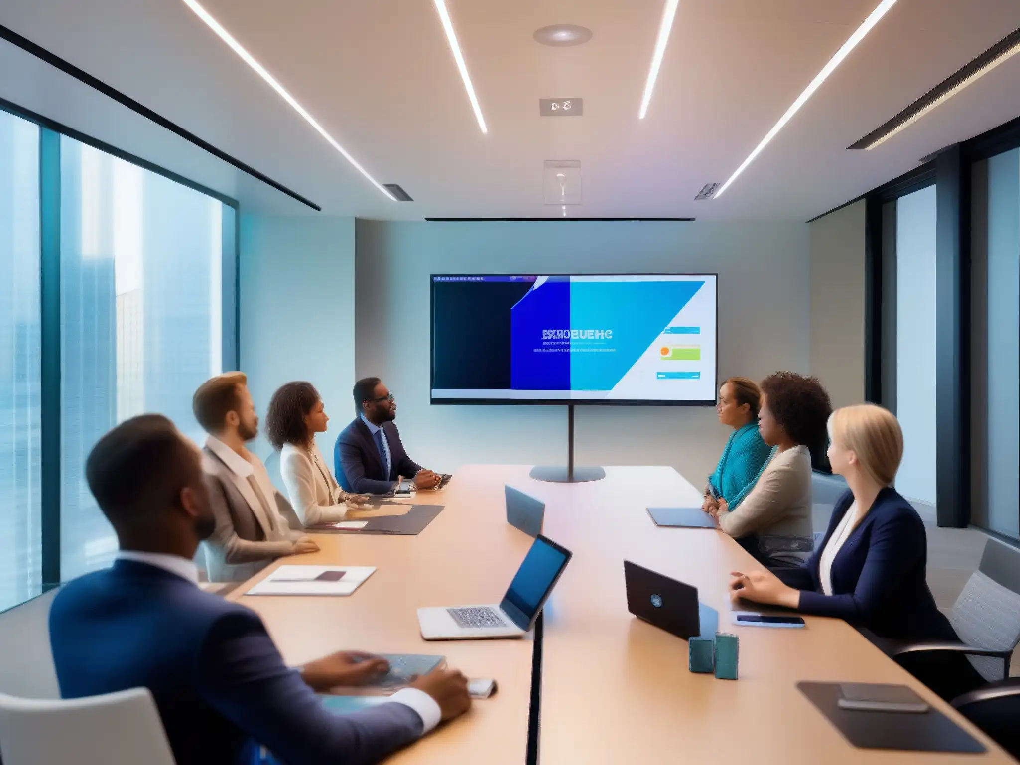 Videoconferencia de alta tecnología en oficina moderna Videoconferencias automatizadas para colaboración eficiente en un ambiente profesional y sofisticado, con moderno equipamiento de alta tecnología
