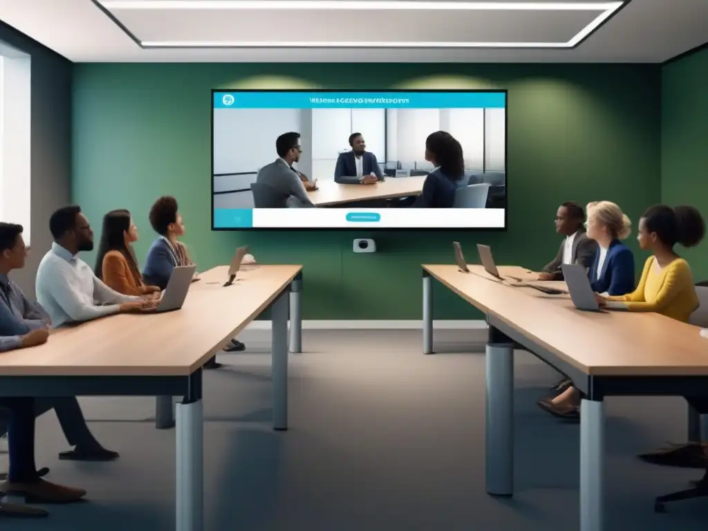 Clase moderna con sistema de videoconferencia integrado Videoconferencias automatizadas formación a distancia: Estudiantes participan en una moderna clase a distancia con tecnología de vanguardia