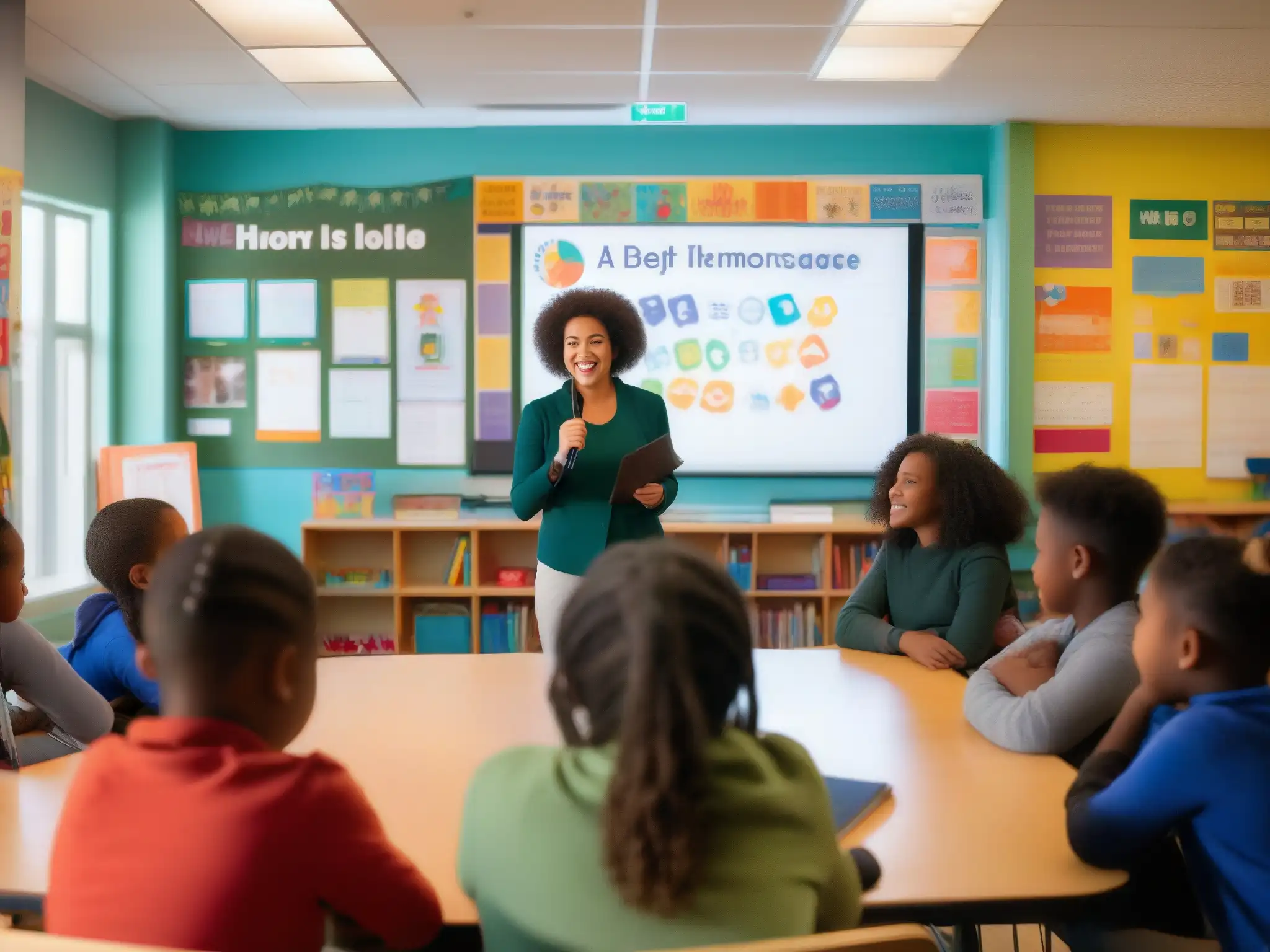 Clase inclusiva: videoconferencia en educación especial Videoconferencias en educación especial: ambiente inclusivo y colaborativo en aula con estudiantes diversos y maestro usando lenguaje de señas