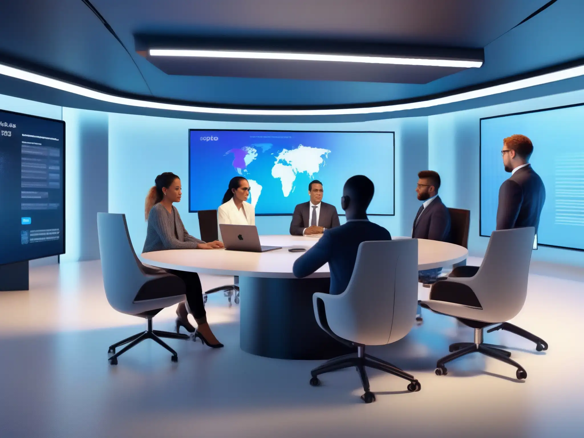 Reunión virtual inclusiva con avatares y traducciones en tiempo real Videoconferencias inclusivas en Realidad Aumentada: Avatares de personas en sala futurista con traducciones en tiempo real y accesibilidad