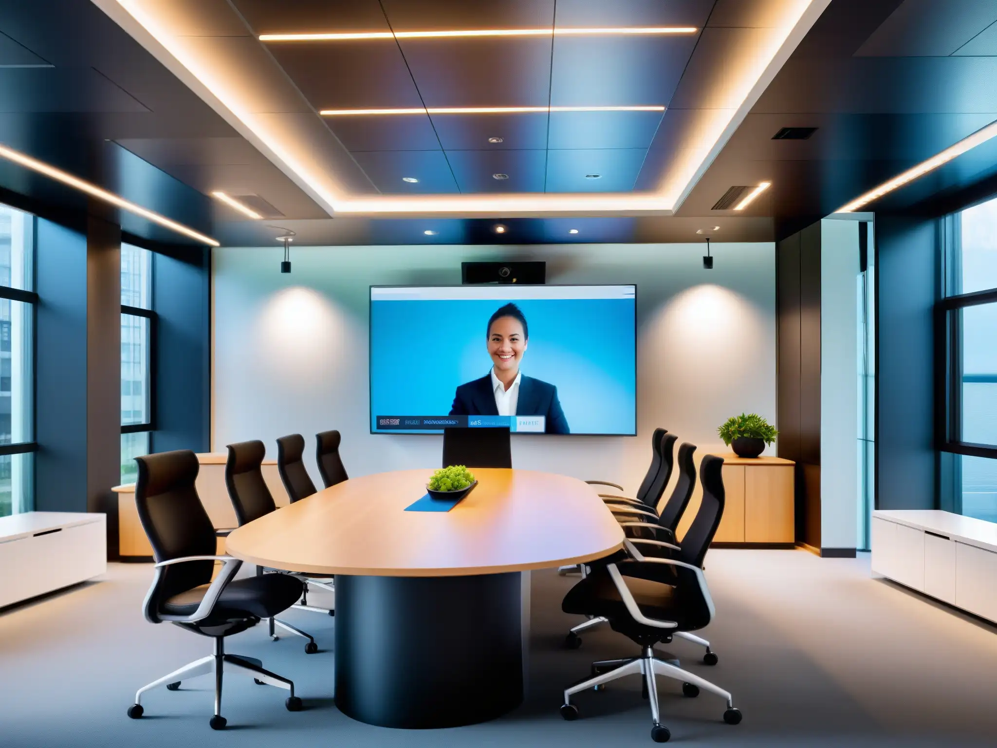 Videoconferencia profesional en ambiente elegante Automatización en videoconferencias profesionales en un espacio profesional y sofisticado con presentador interactuando con asistentes virtuales