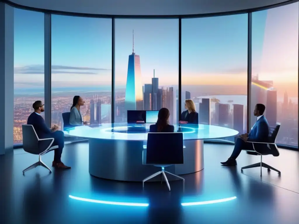 Videoconferencia holográfica: Futuro en la oficina Holografía en videoconferencias profesionales: Futurista sala de reuniones con hologramas en dinámica comunicación