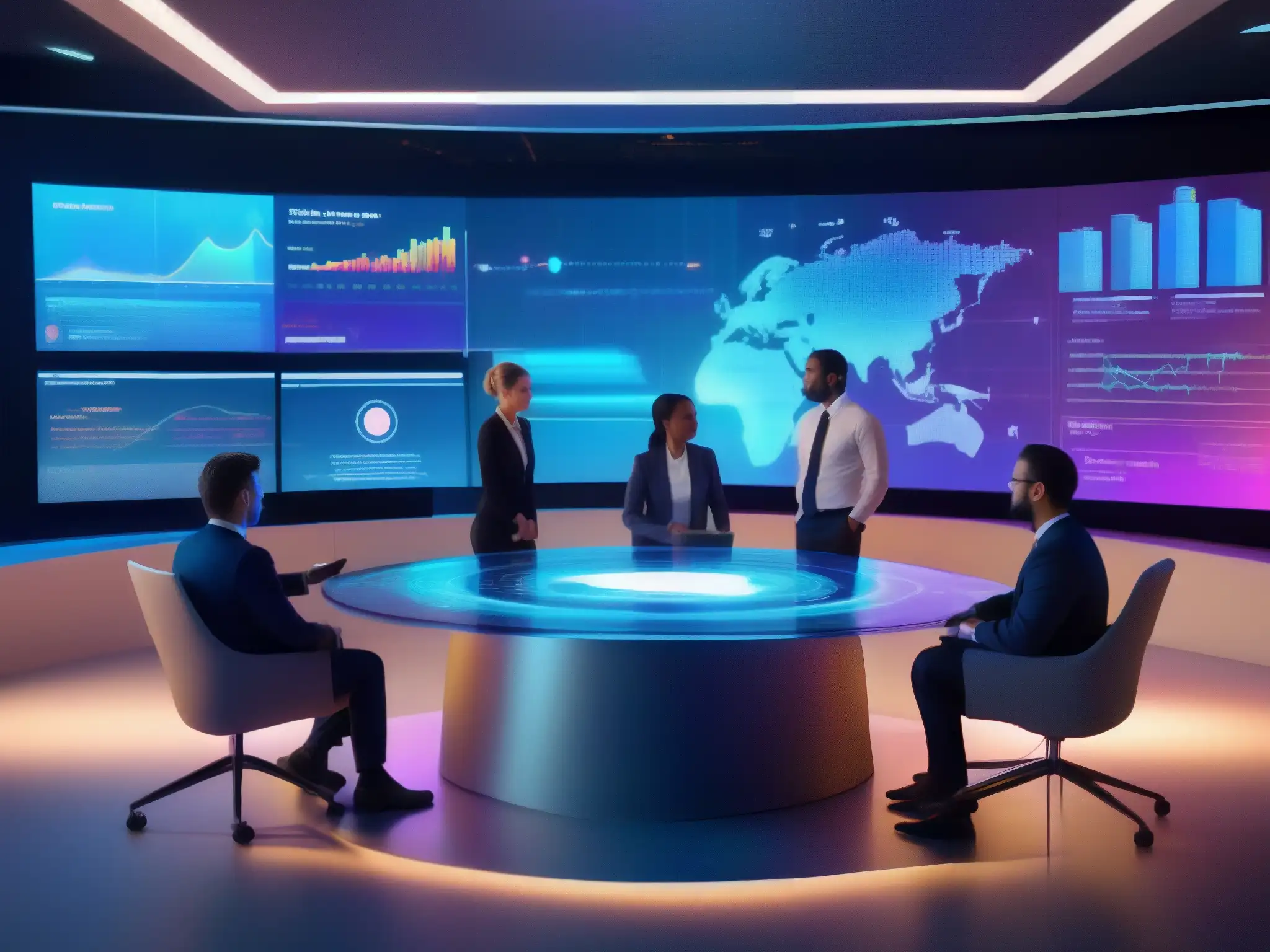Videoconferencia holográfica: Futuro colaborativo Holografía en videoconferencias profesionales: Grupo de profesionales inmersos en una videoconferencia holográfica con gráficos y diagramas vibrantes a su alrededor, creando un ambiente dinámico y futurista