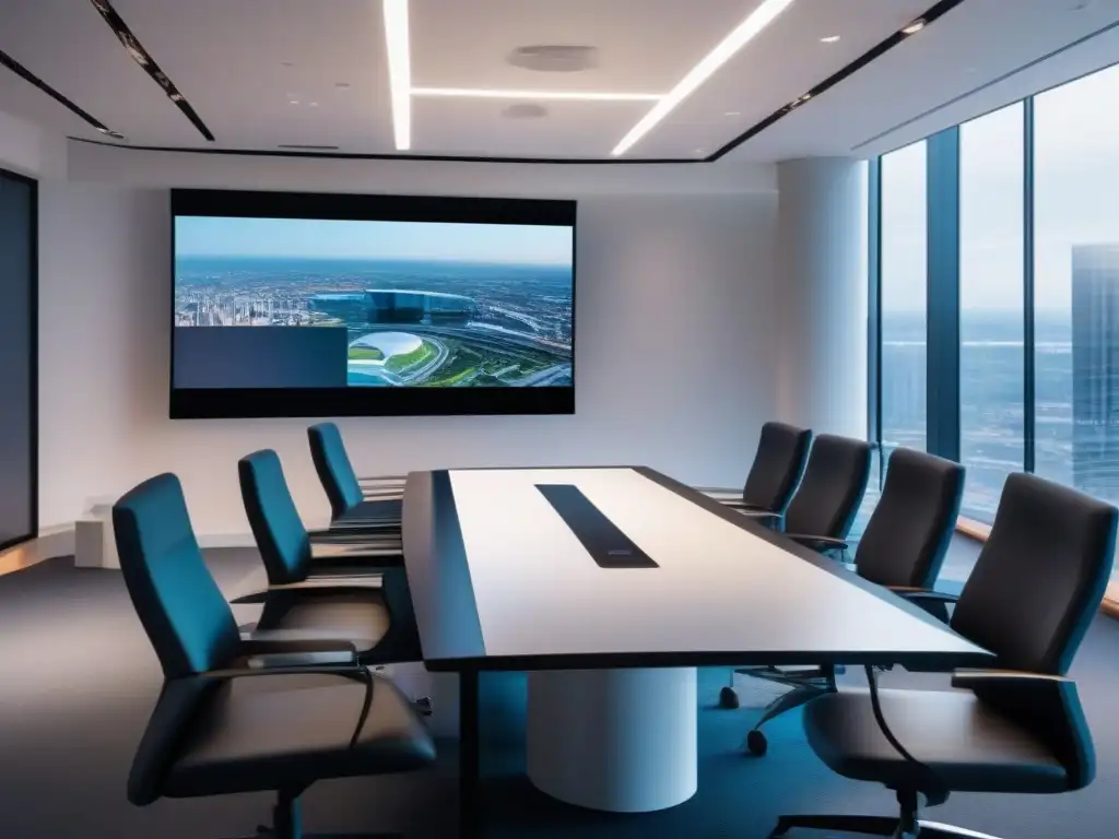 Setup de Videoconferencia Futurista en Oficina Profesional Automatización en videoconferencias profesionales: Imagen 8k de una moderna sala de conferencias con tecnología de vanguardia y diseño minimalista