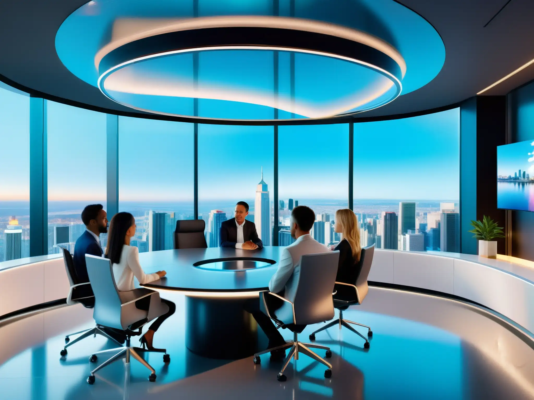 Videoconferencia holográfica en sala futurista Holografía en videoconferencias profesionales: Sala futurista con ventanales de piso a techo que muestra profesionales en una conferencia holográfica