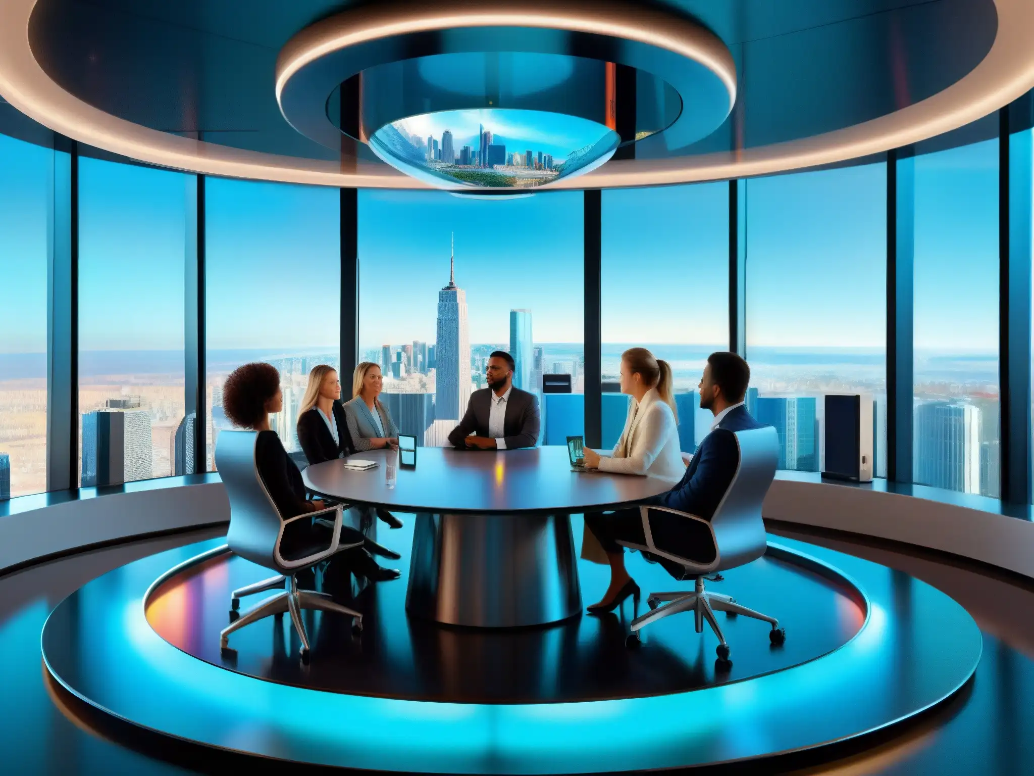 Salas de videoconferencia con tecnología holográfica Holografía en videoconferencias profesionales: Sala de reuniones futurista con hologramas de participantes en una videoconferencia en 3D
