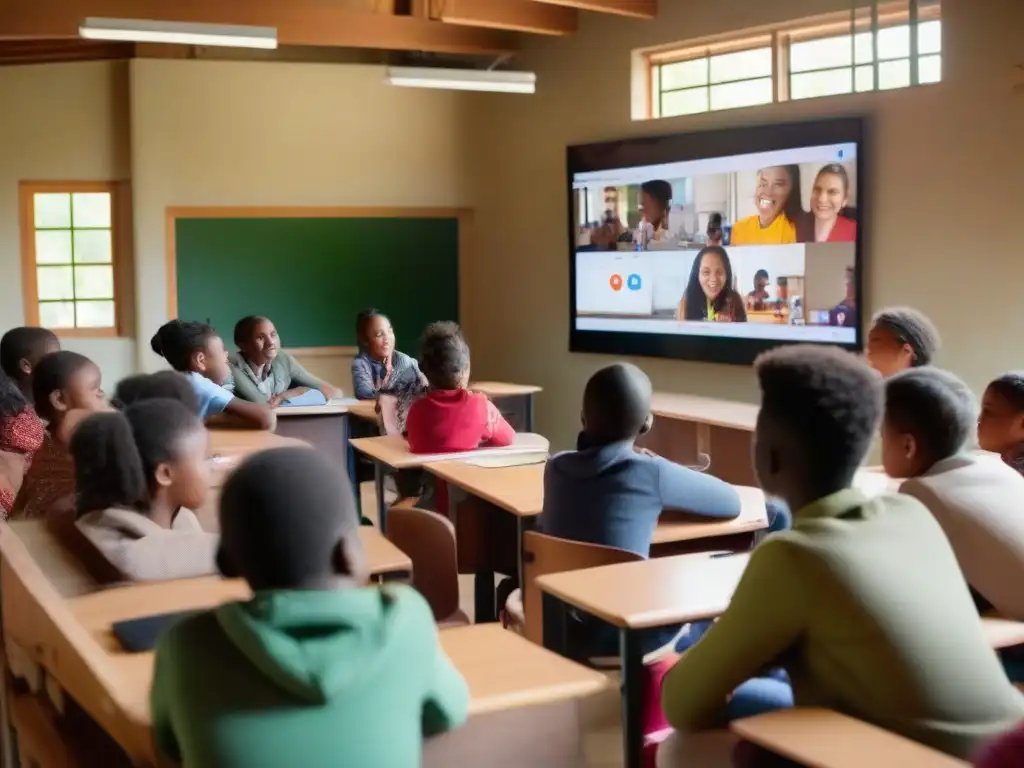 Clase virtual en aula rural: interacción dinámica con maestro remoto Implementación de videoconferencias en educación rural: Estudiantes participando en dinámica clase virtual con maestro animado