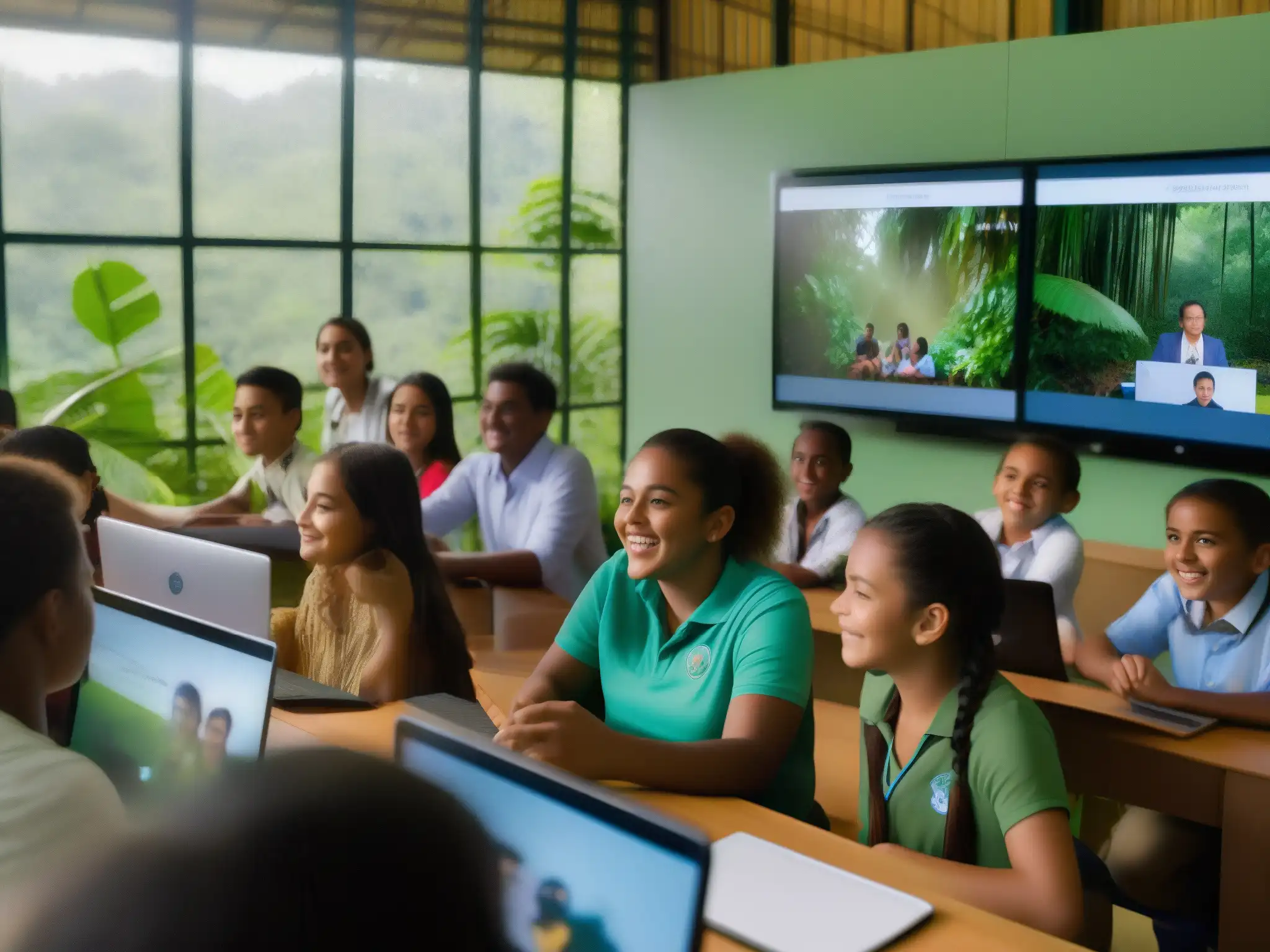 Clase virtual en la selva amazónica: estudiantes conectados globalmente Implementar videoconferencias en educación rural: Estudiantes y maestro en aula amazónica con tecnología, colaborando globalmente