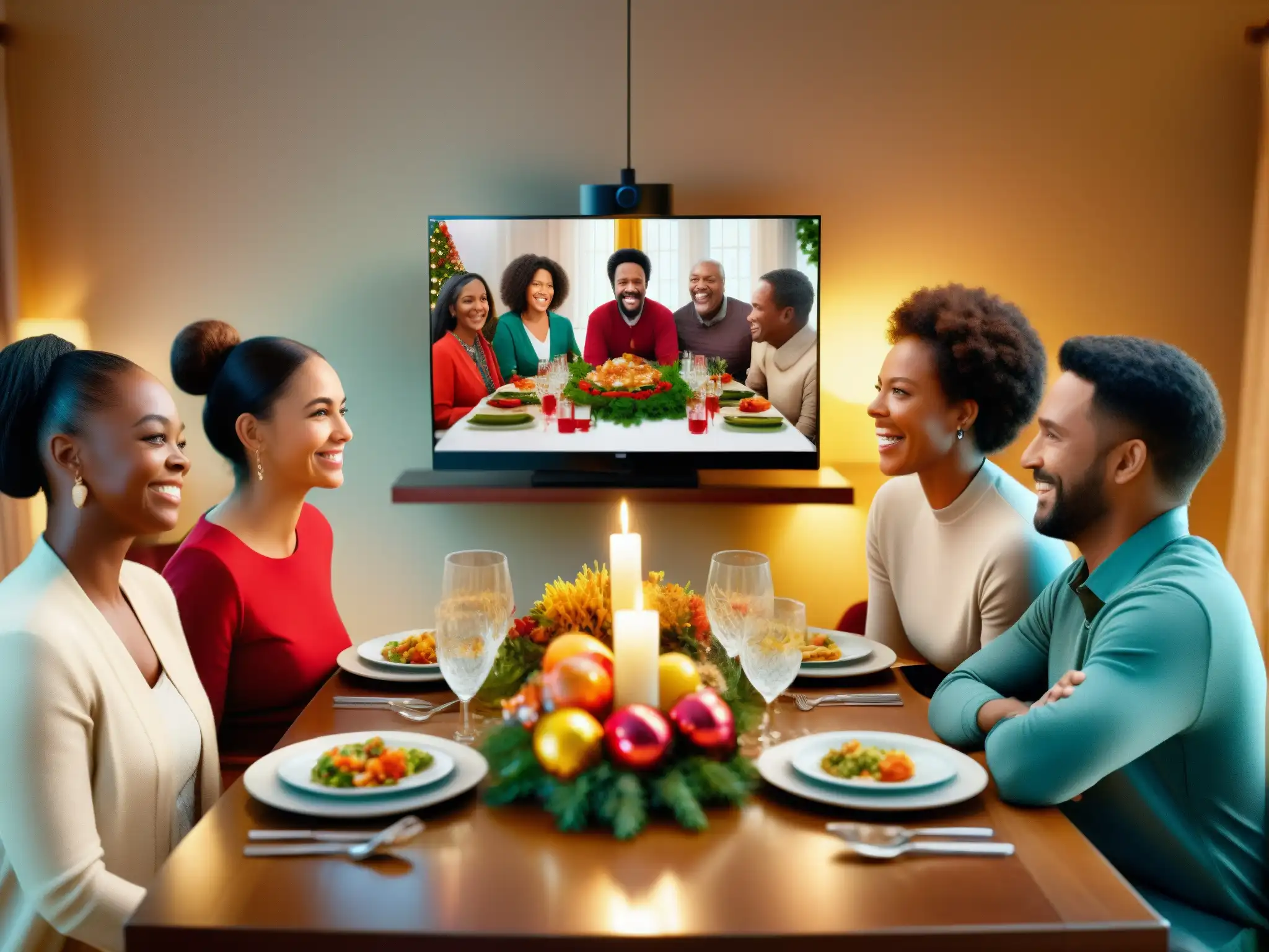 Cena familiar virtual llena de alegría Reunión familiar virtual con decoración festiva, adaptando festividades familiares mediante videoconferencias