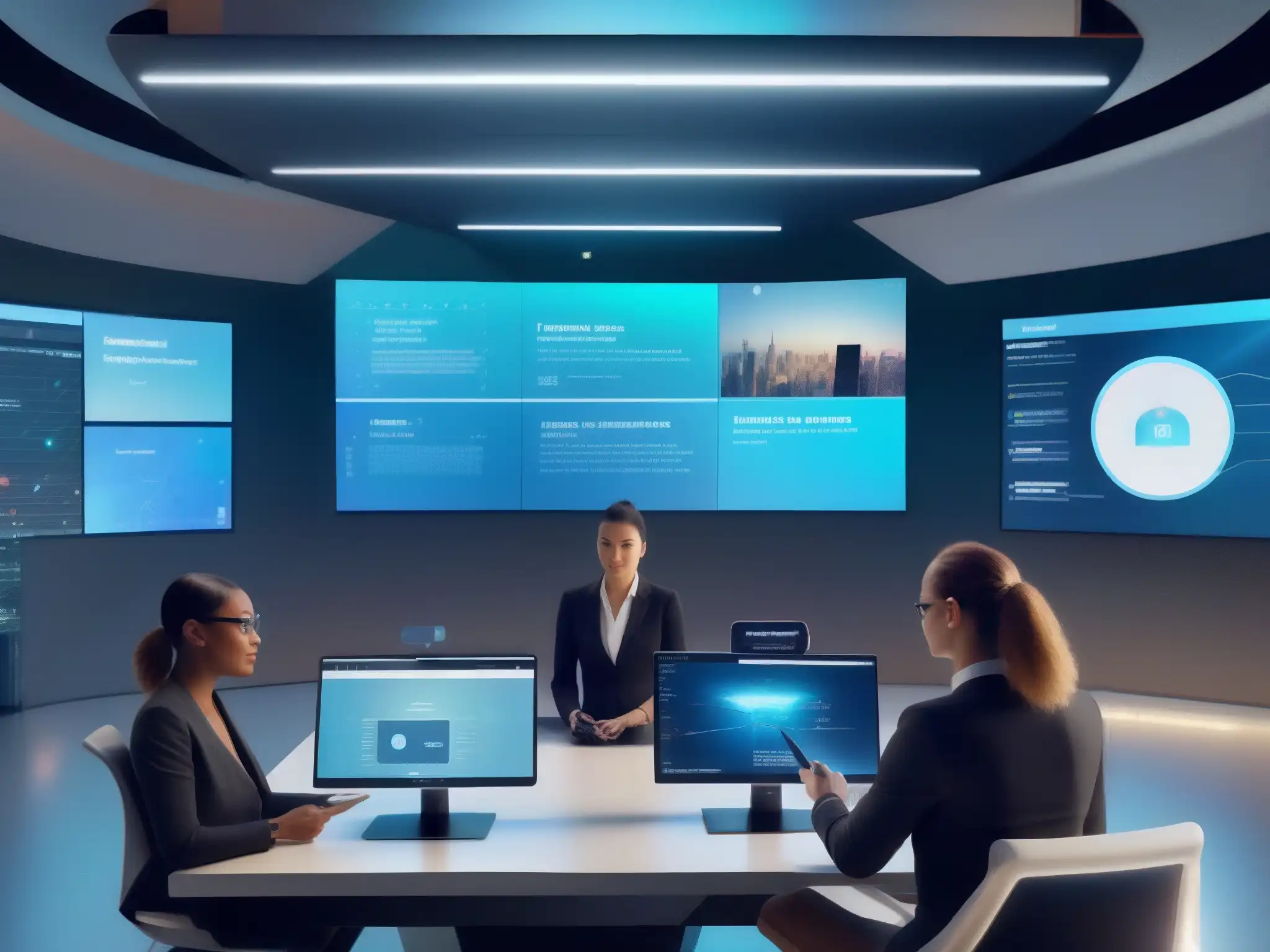 Centro de comunicación futurista con videoconferencia holográfica Una visión futurista de la comunicación con hologramas y dispositivos interconectados