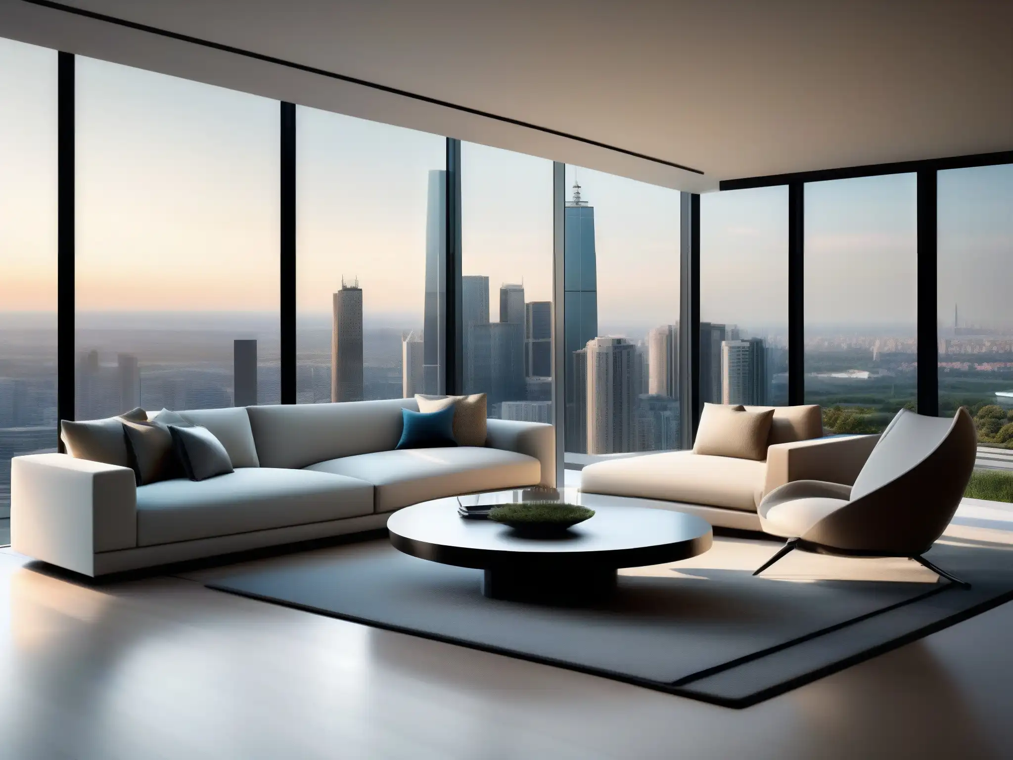 Sala de estar moderna con vista panorámica a la ciudad Visita virtual Matterport Zoom: sala de estar moderna con vista panorámica a la ciudad, mobiliario minimalista y elegancia contemporánea