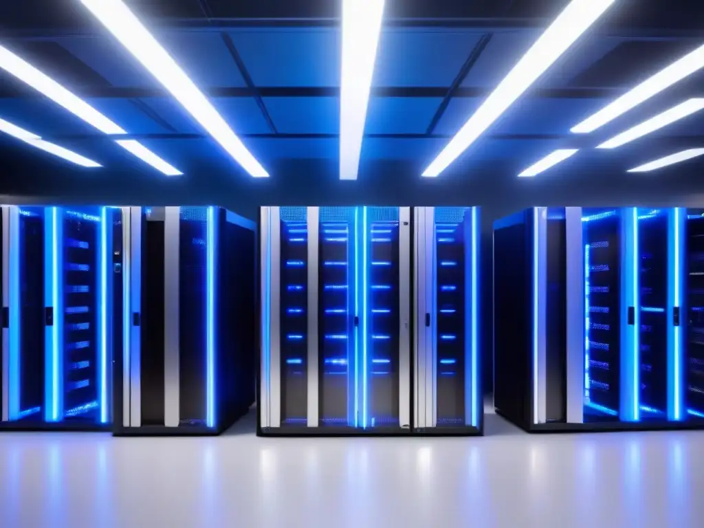 Centro de datos de vanguardia: Eficiencia y tecnología de punta Vista aérea de un centro de datos de vanguardia con elegantes racks de servidores iluminados por luces LED azules
