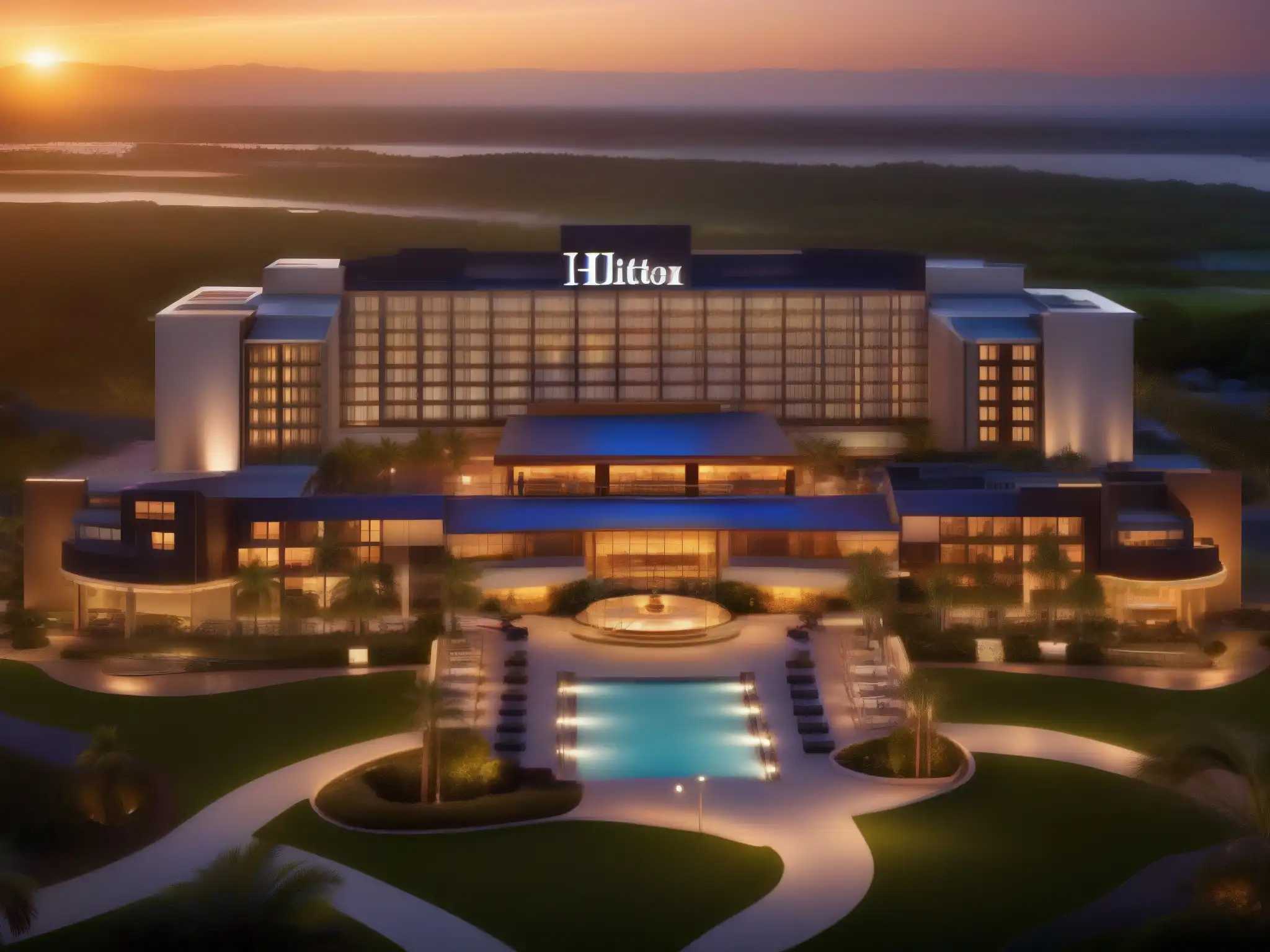 Hilton Hotels & Resorts: Belleza moderna en atardecer Vista aérea impactante de un hotel Hilton al atardecer, luces cálidas iluminan la moderna arquitectura y paisaje