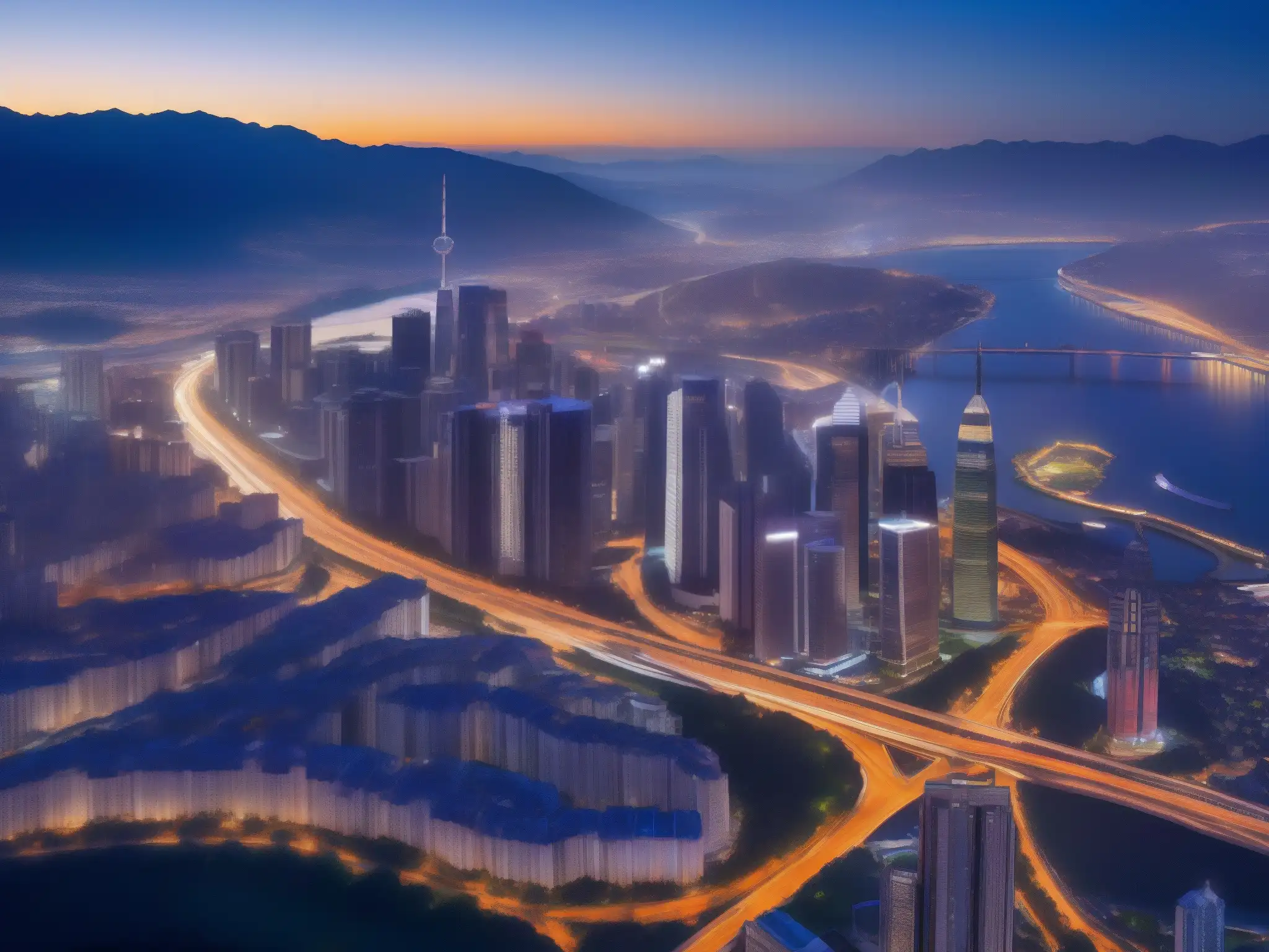 Metrópolis nocturna: luces urbanas entre paisaje natural Vista aérea nocturna de una bulliciosa ciudad con rascacielos iluminados y una red de carreteras iluminadas