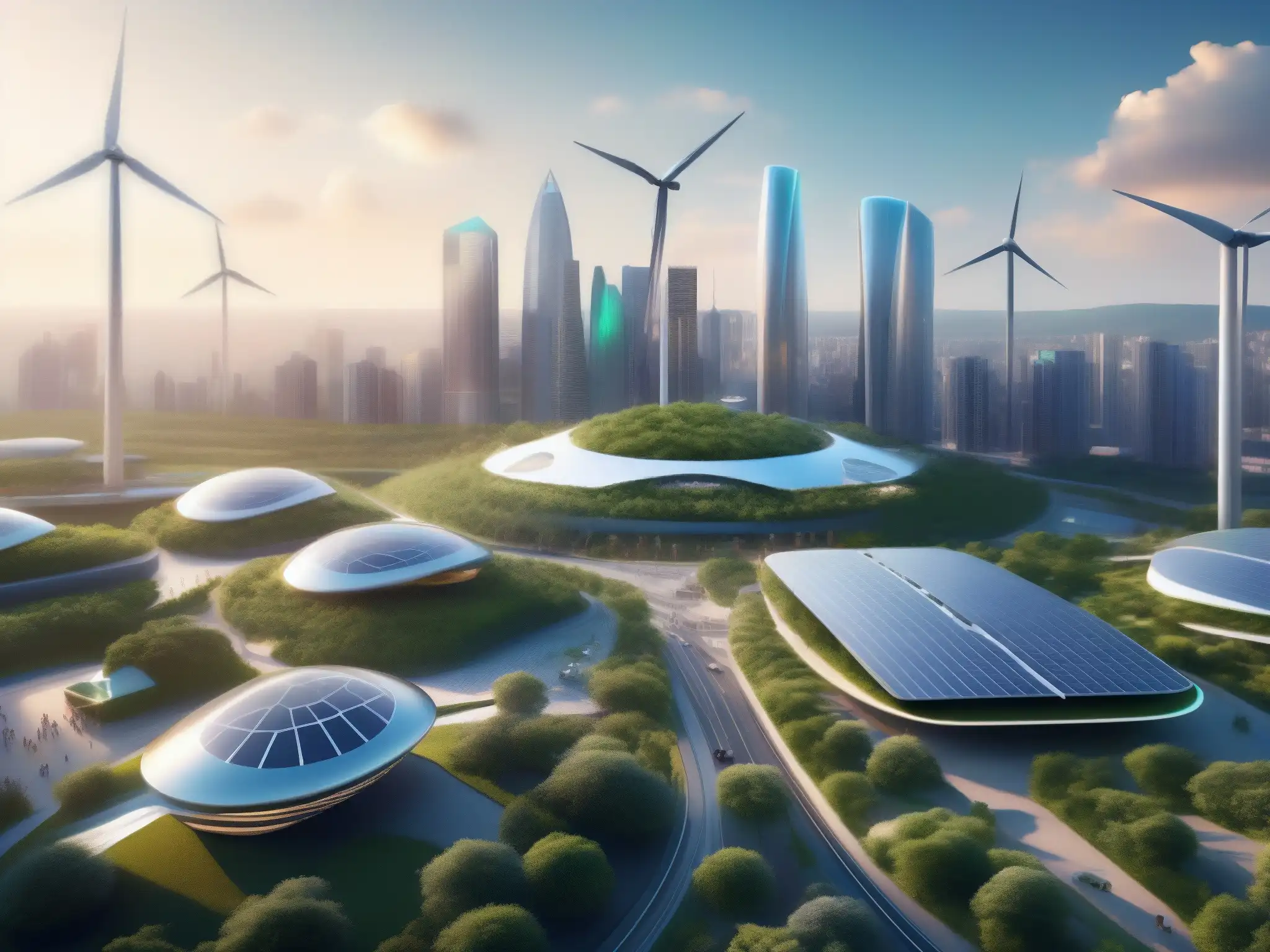 Metropolis sostenible: Futurista 8k de una ciudad ecoamigable Vista en alta resolución de ciudad futurista con energía sostenible e impacto de la IA en videoconferencias