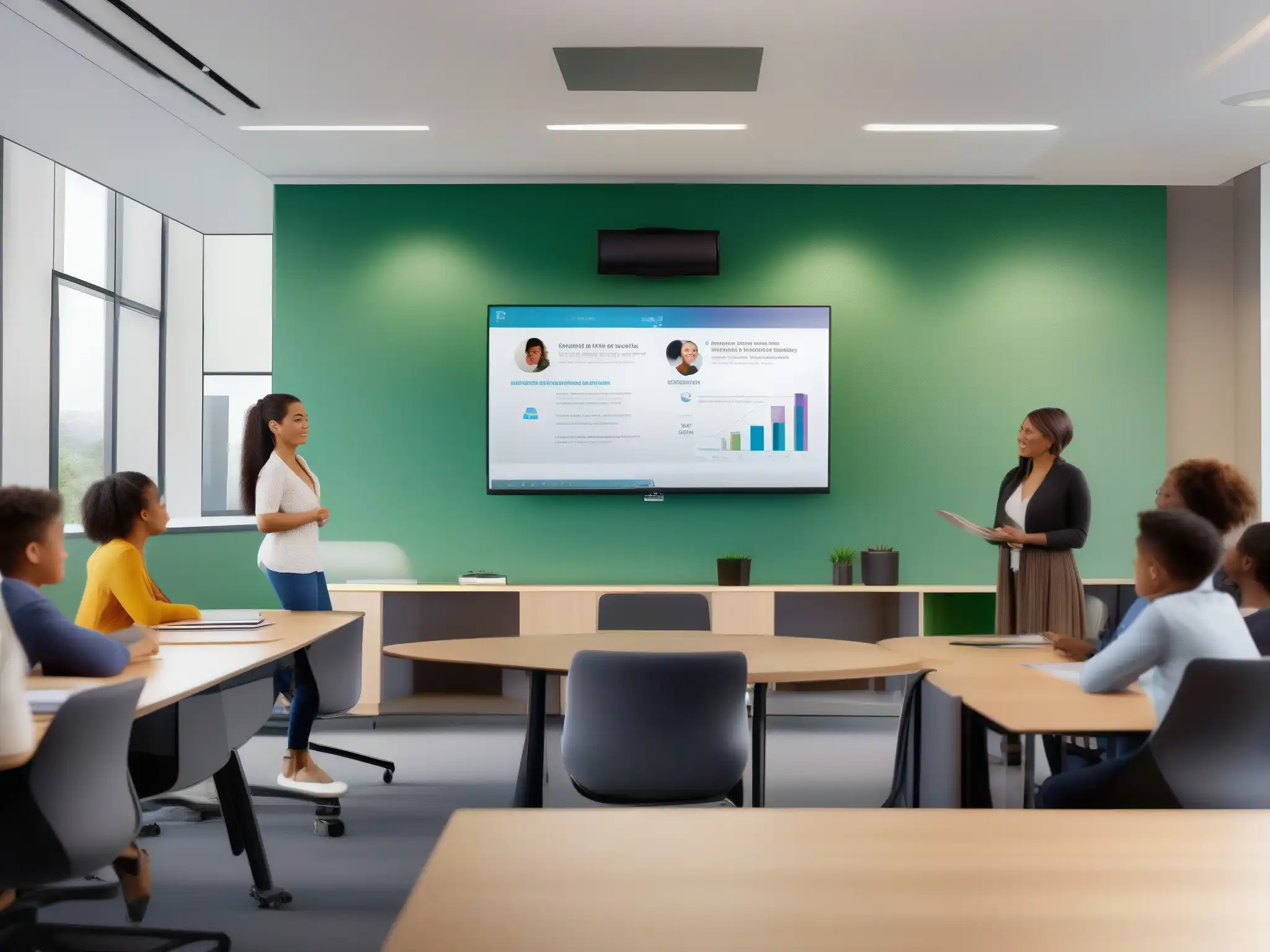 Clase virtual 8k: innovación educativa en entorno moderno Vista de aula moderna con las mejores herramientas de videoconferencia integradas en LMS, enriquecida con innovación y colaboración educativa