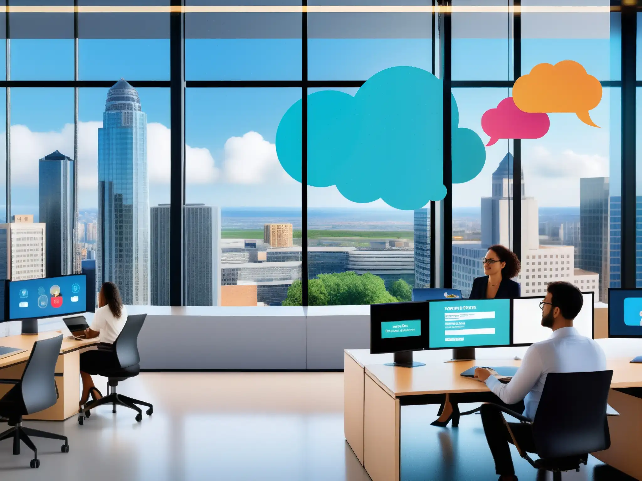 Metrópolis virtual: Impacto social y profesional de la colaboración remota Vista de la ciudad con impacto de videoconferencias en trabajo remoto, mostrando colaboración virtual en oficinas y ámbito educativo