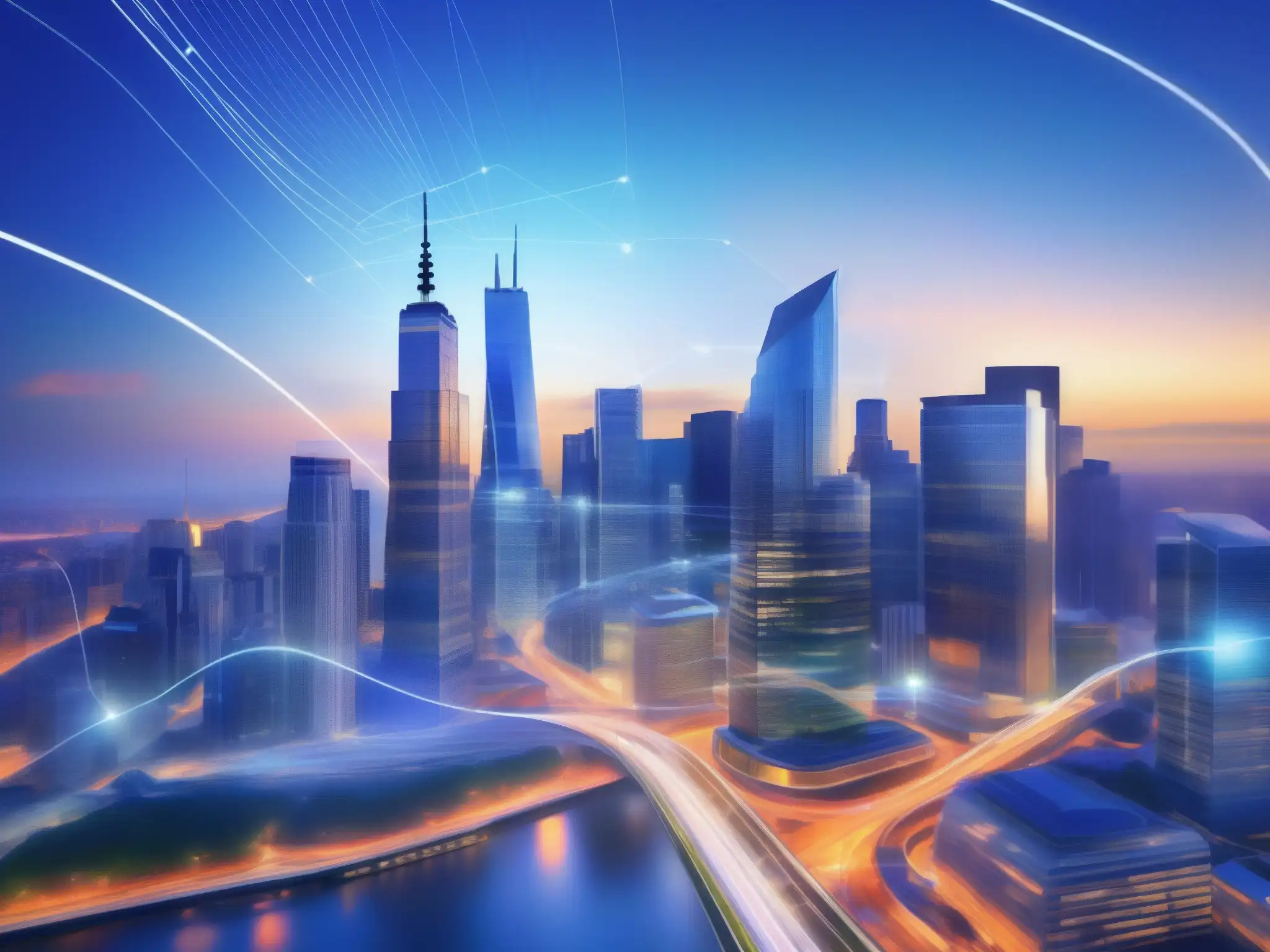 Horizonte sostenible: Conferencias virtuales conectan la ciudad Vista de la ciudad moderna con líneas de videoconferencia, simbolizando el impacto positivo en la huella de carbono