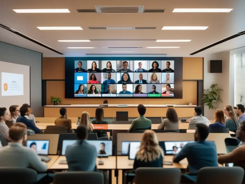 Clase universitaria virtual: tecnología y participación Vista detallada de aula universitaria con herramientas de videoconferencia para universidades precios comparativa, estudiantes y profesores interactuando en entorno virtual dinámico y moderno