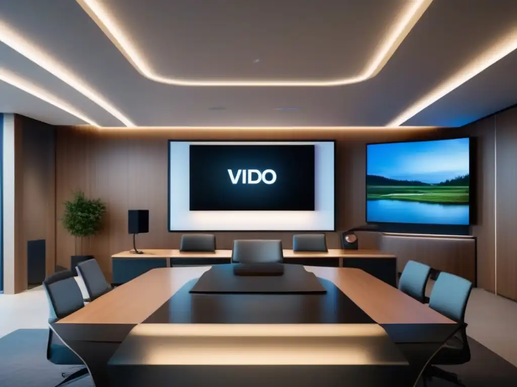 Moderno setup de videoconferencia 8k en oficina profesional Vista detallada 8k de una moderna configuración de videoconferencia en una oficina profesional