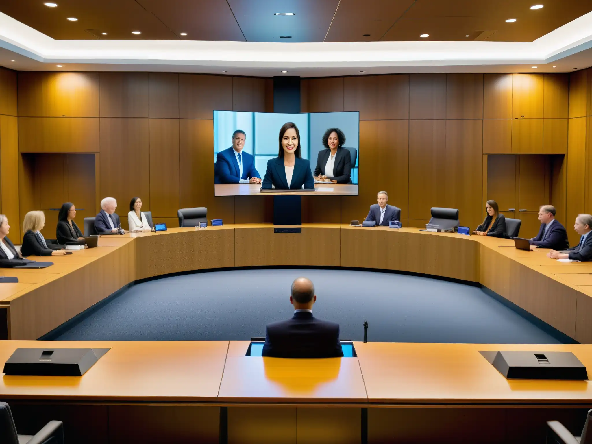 Videoconferencia legal de alta tecnología en moderno tribunal Vista detallada de una sala de audiencias moderna con videoconferencias legales, resaltando beneficios y retos en un entorno contemporáneo