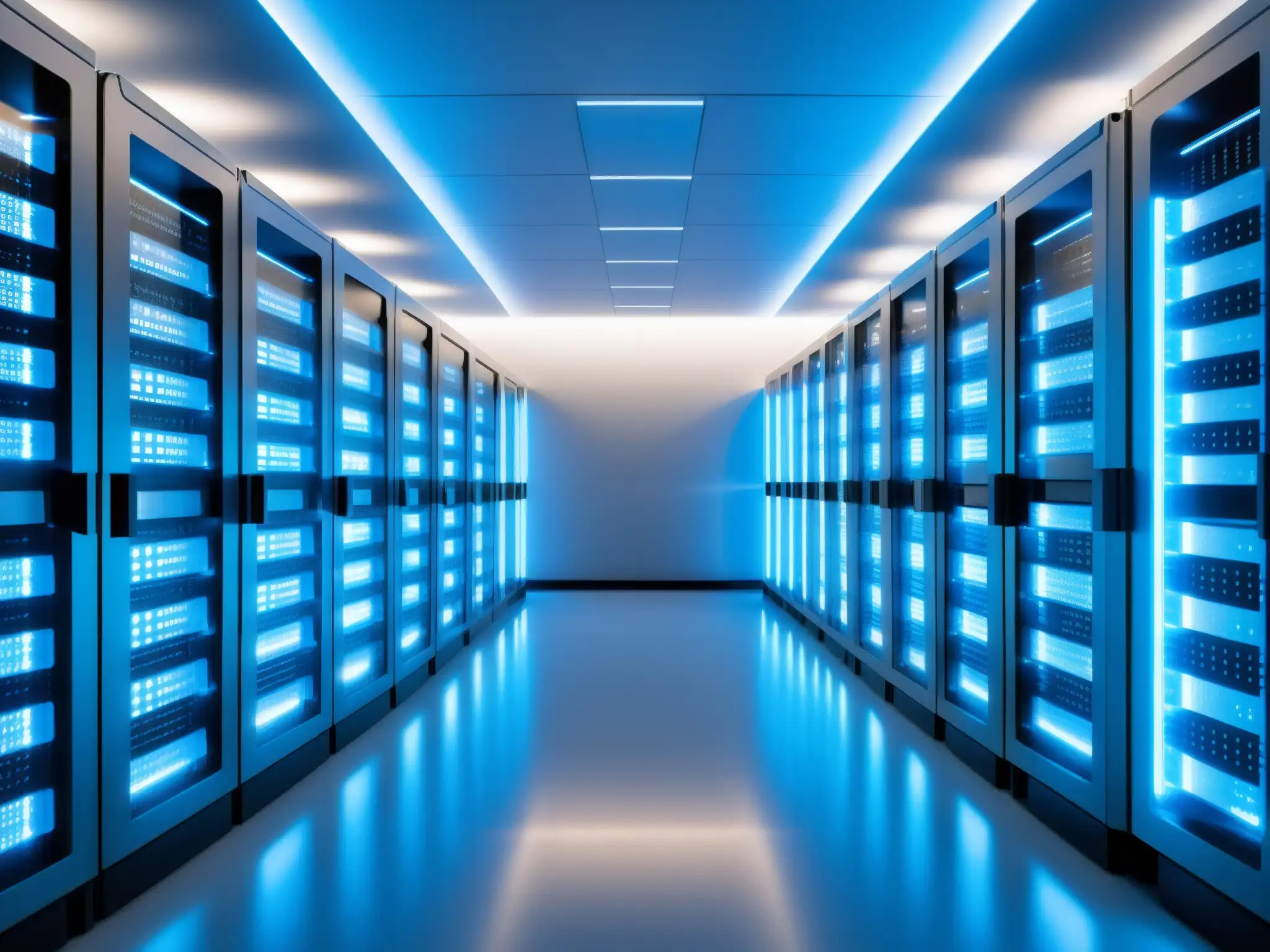 Centro de servidores en la nube: eficiencia y fiabilidad 8k Vista detallada de una sala de servidores para mejorar almacenamiento videoconferencias cloud, con servidores futuristas organizados y luces azules
