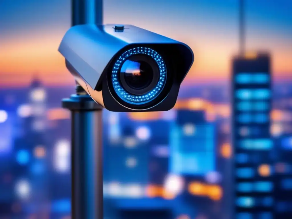 Sistema de seguridad ultramoderno en edificio de oficinas Vista detallada de cámara de seguridad futurista en edificio de oficinas, mostrando datos encriptados y ciudad atareada