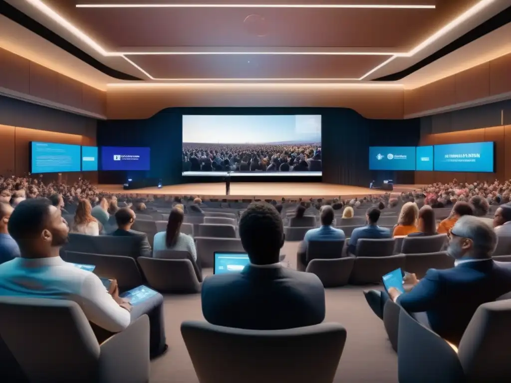 Conferencia virtual en 8k: Diversidad y detalle Vista detallada de una videoconferencia en auditorio con diversidad de participantes