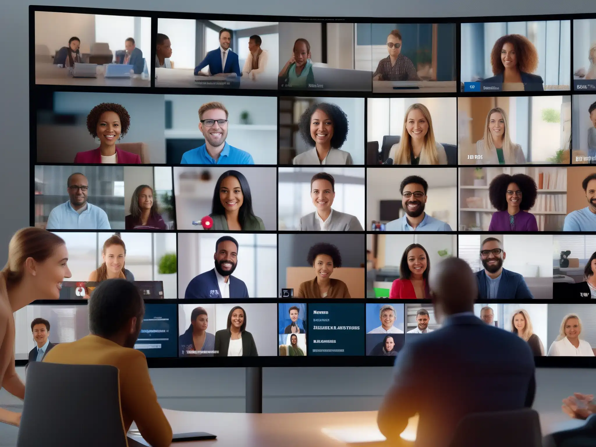 Reunión virtual 8K: Colaboración dinámica en pantalla Vista detallada de una videoconferencia en 8k con participantes entusiastas y un entorno profesional, resaltando la eficiencia para grandes reuniones