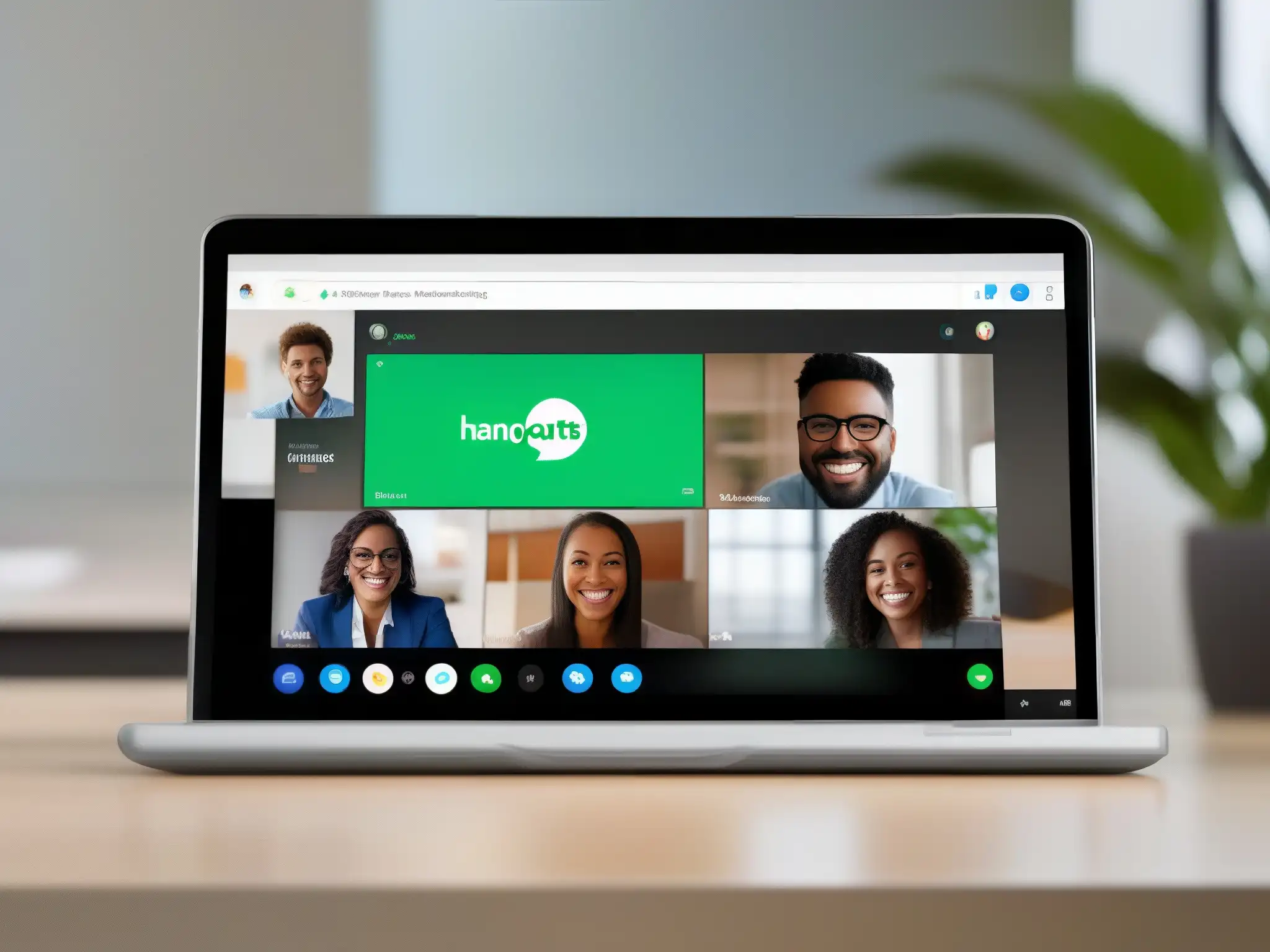 Comparación de videoconferencias: Hangouts Meet vs Una vista dividida muestra Hangouts Meet y Skype en una atmósfera profesional