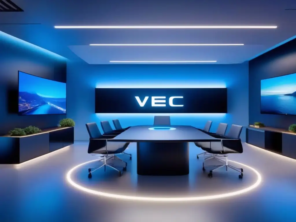 Conferencia virtual profesional y futurista en 8K Vista 8k de una elegante sala de videoconferencias profesionales, en un moderno entorno de oficina con iluminación tenue y tecnología de vanguardia