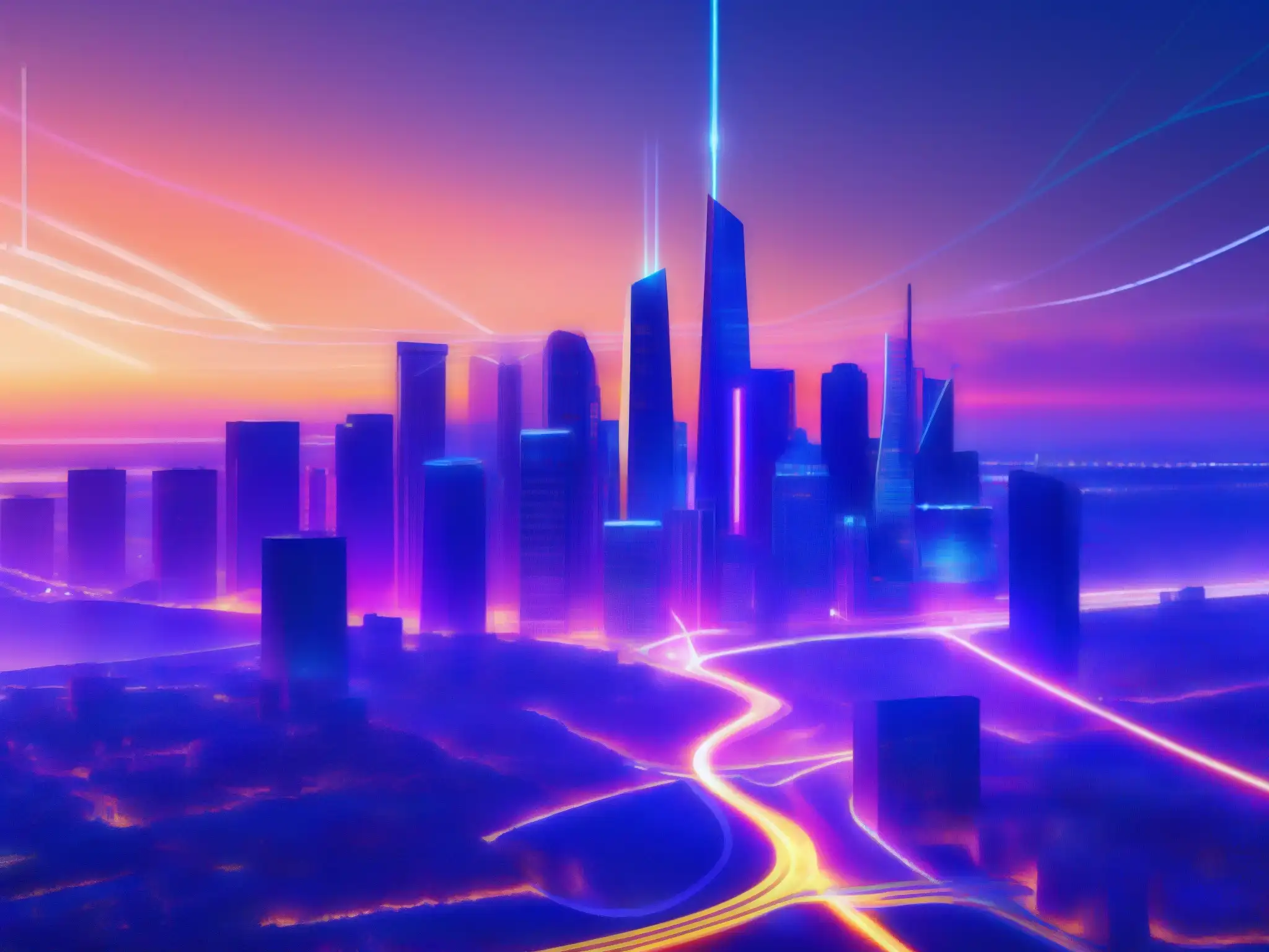 Horizonte urbano futurista conectado por redes neuronales Vista futurista de la ciudad al anochecer, con rascacielos iluminados y redes de comunicación brillantes