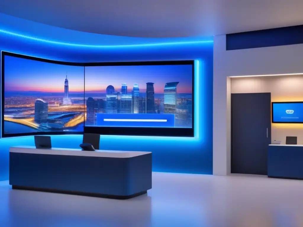 Atención al cliente innovadora en tienda virtual futurista Vista futurista de una integración de videoconferencia para atención al cliente en un elegante escaparate virtual, bañado en suave luz LED azul, con una pantalla de video grande mostrando una asistencia profesional