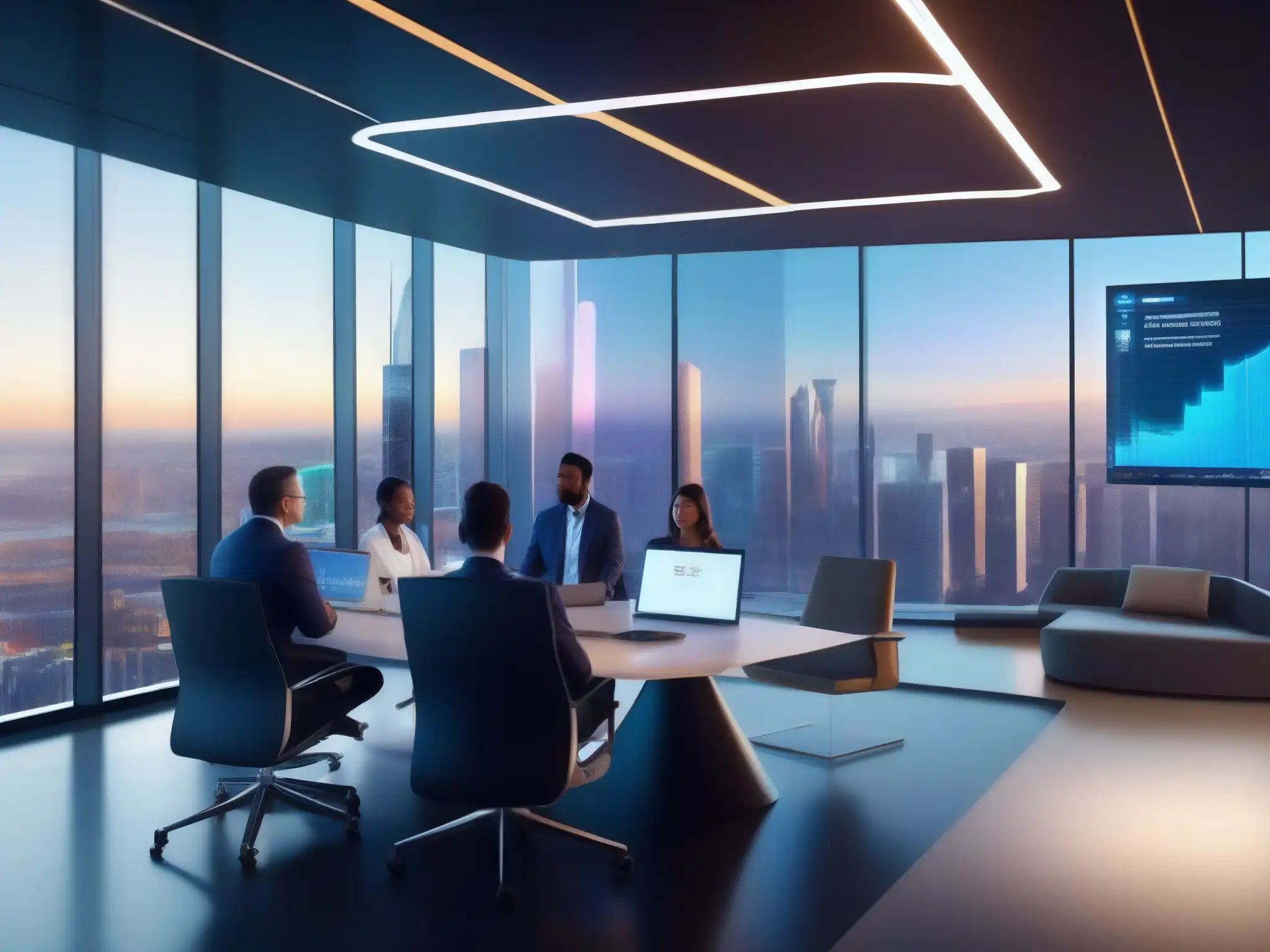 Oficina futurista con hologramas y colaboración en video Vista futurista de oficina con herramientas de videoconferencia para productividad