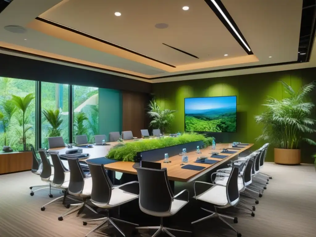 Sala de conferencias ecoamigable: innovación y sostenibilidad Vista interior de una sala de conferencias ecoamigable con luz natural y vista a un paisaje verde