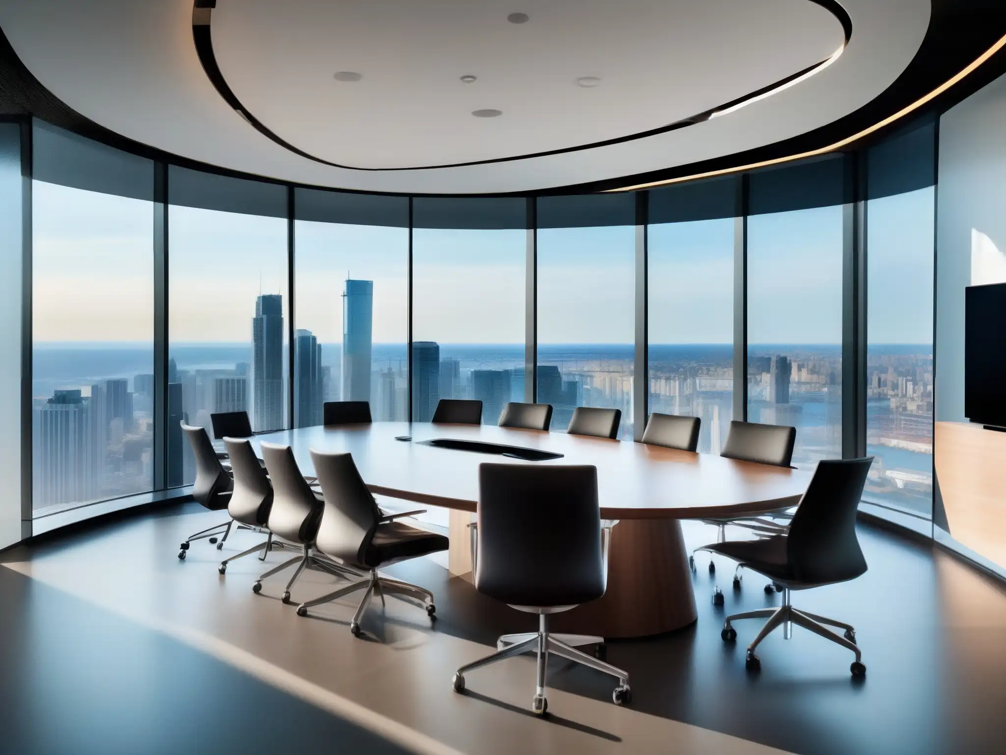 Sala de reuniones moderna con vista a la ciudad y tecnología de vanguardia Vista interior de sala de conferencias moderna con ventanales y equipo de videoconferencia avanzado