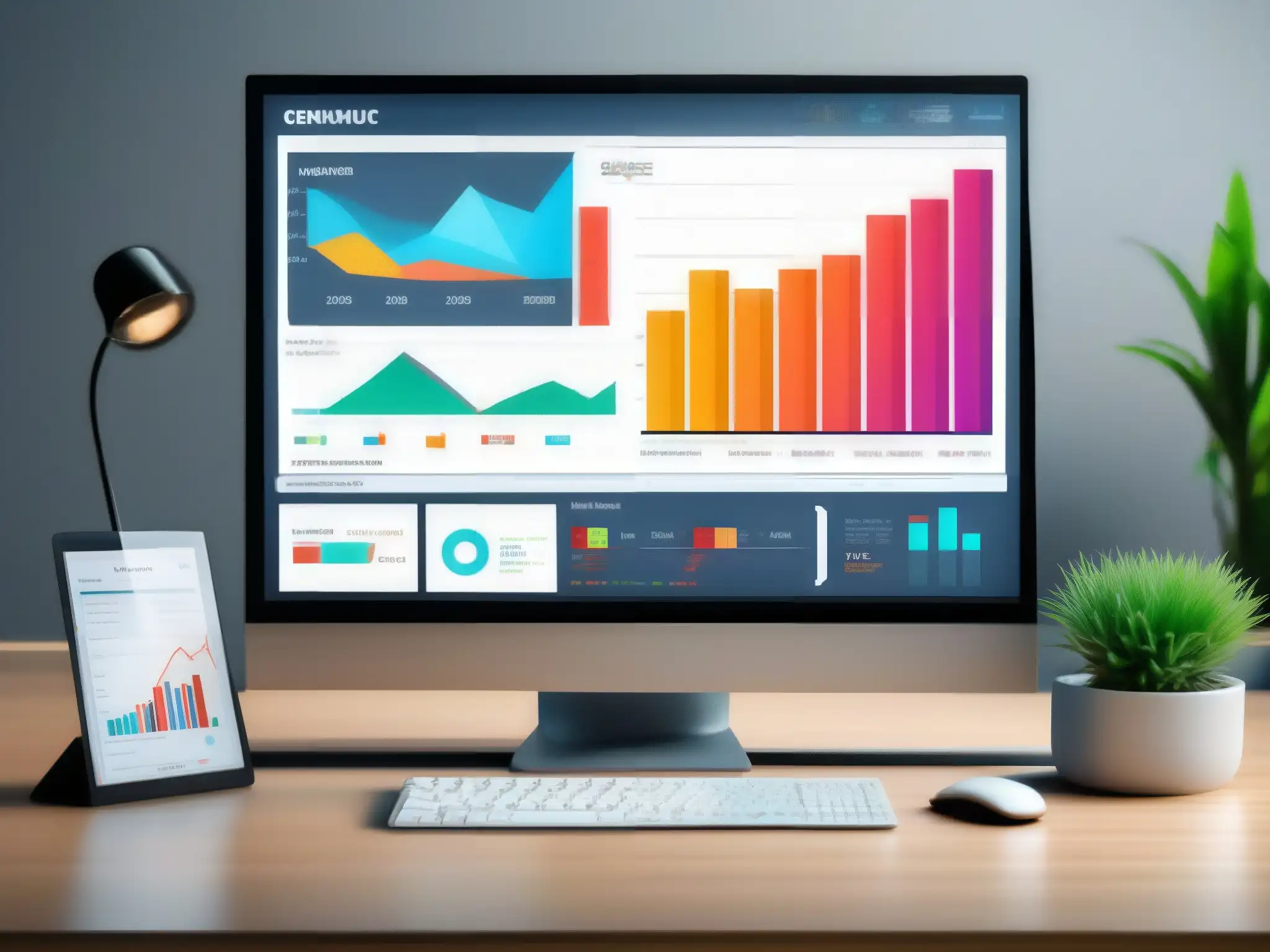 Panel de control CRM: datos de ventas en un entorno profesional y elegante Vista moderna y elegante de un CRM con gráficos coloridos, en un entorno profesional y sofisticado